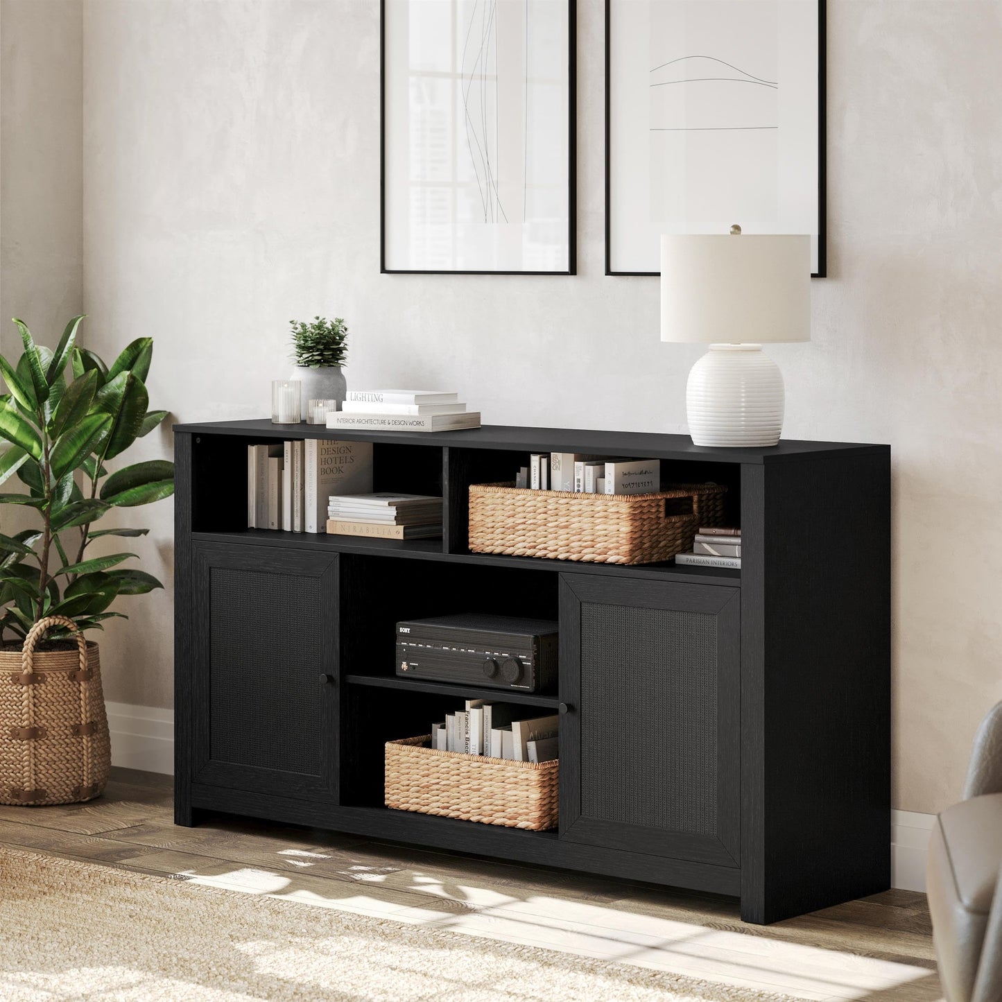 Flash Furniture Malaki Mid-Century Modern Sideboard Buffet Cabinet, 2 Soft Close Doors, Adjustable Center Shelf, Holds up to 65" TV's, 58" Wide, Black/Rattan