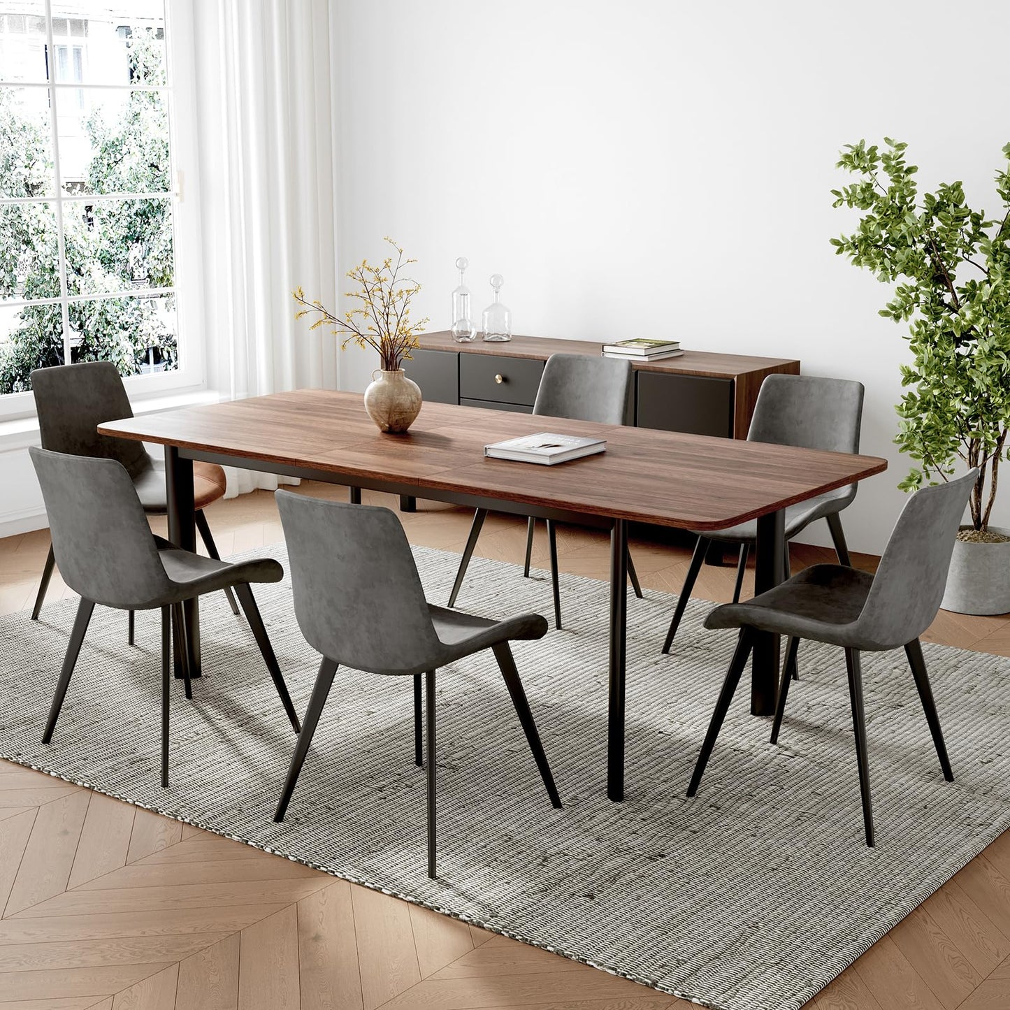 HIPIHOM 63"- 78.7" Extendable Dining Table Set for 6, Modern Kitchen Table with 6 PU Leather Chairs, Thickened Expandable MDF Wooden Table with Metal Legs for Dining Room, Kitchen, Living Room