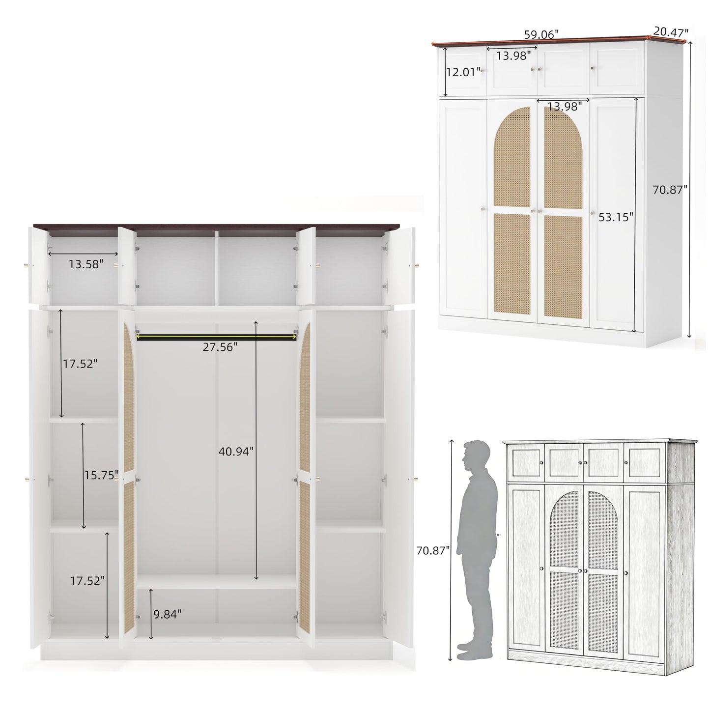 KEIKI Large 8 Doors Wood Wardrobe, Bedroom Tall Armoire Closet Organizer w/Rattan Decorative, Hanging Rails & Adjustable Shelves Clothes Storage Cabinet for Garage & Laundry Room, White