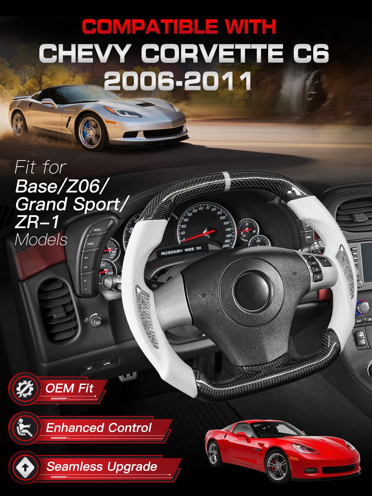TESFEEL Real Carbon Fiber Steering Wheel for Chevy Corvette C6 2006-2011, Double D-Shape Flat Top & Bottom, White Nappa Leather with Silver Carbon Inlays, Fits for Base/Z06/ZR1/Grand Sport