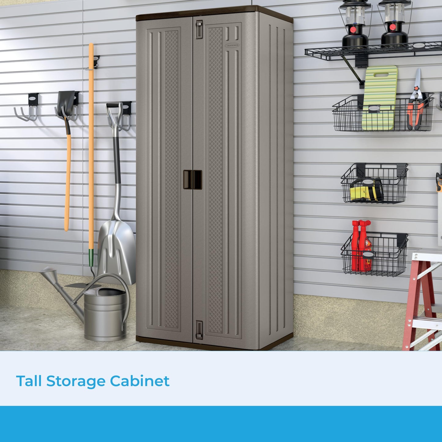 Suncast Tall Storage Cabinet, Platinum Resin Outdoor & Garage Storage Cabinet with Doors & Shelves, Resin, Weather-Resistant, Lockable, Freestanding Utility Closet for Tools & Supplies, Made in USA