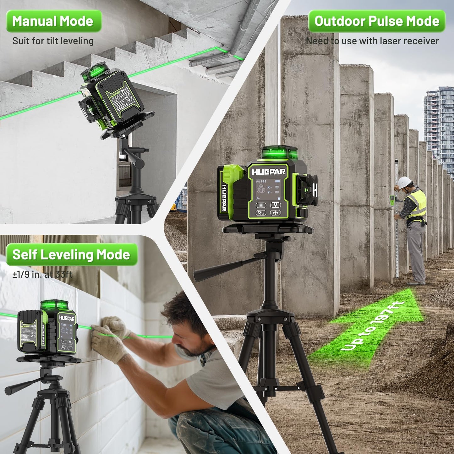 Huepar W03CG Bluetooth Laser Level 3x360 Self Leveling, 3D 12 Lines with Electric Rotating Base&Large LCD Screen, 3 Planes Green Lazer Leveler Tool for Construction, Ceiling,Tiling, Framing, etc.