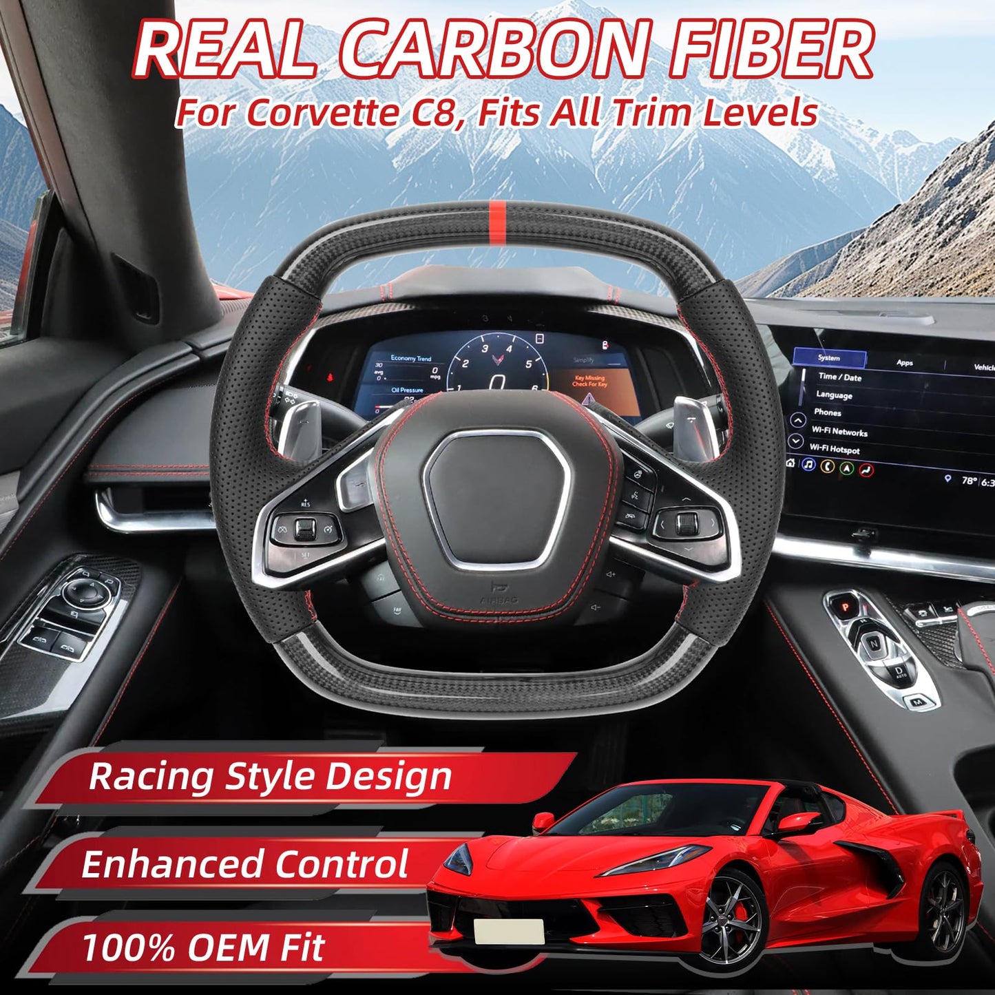 Heated Real Carbon Fiber Steering Wheel for Chevy Corvette C8 Stingray Z06 ERay 2020-2026, Red Stripe Perforated Leather, Flat Top Bottom Replacement, Retains OEM Heating