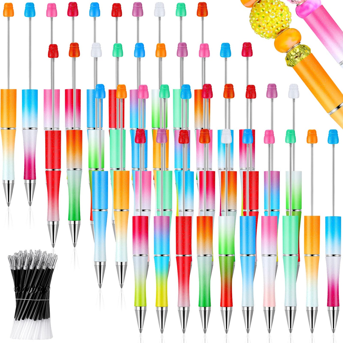 Crtiin 100 Pieces Plastic Beadable Pen Bulk Kit 50 Bead Ballpoint Shaft Black Ink Beaded Pens with 50 Refills for DIY Making Gift Kids Students Office School Supplies(Black)