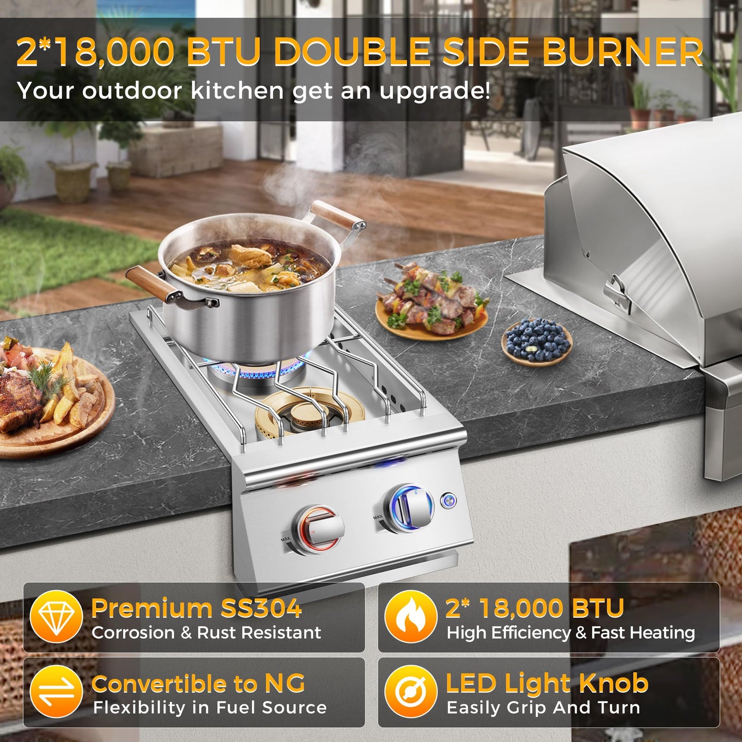 Huishenplus Grilling Side Burners for Outdoor Kitchen, 2 * 18,000BTU Liquid Propane Side Burner,Convertible to Natural Gas, Duty Heavy 304 Stainless Steel, Built-in Double Burner for BBQ Island Grill