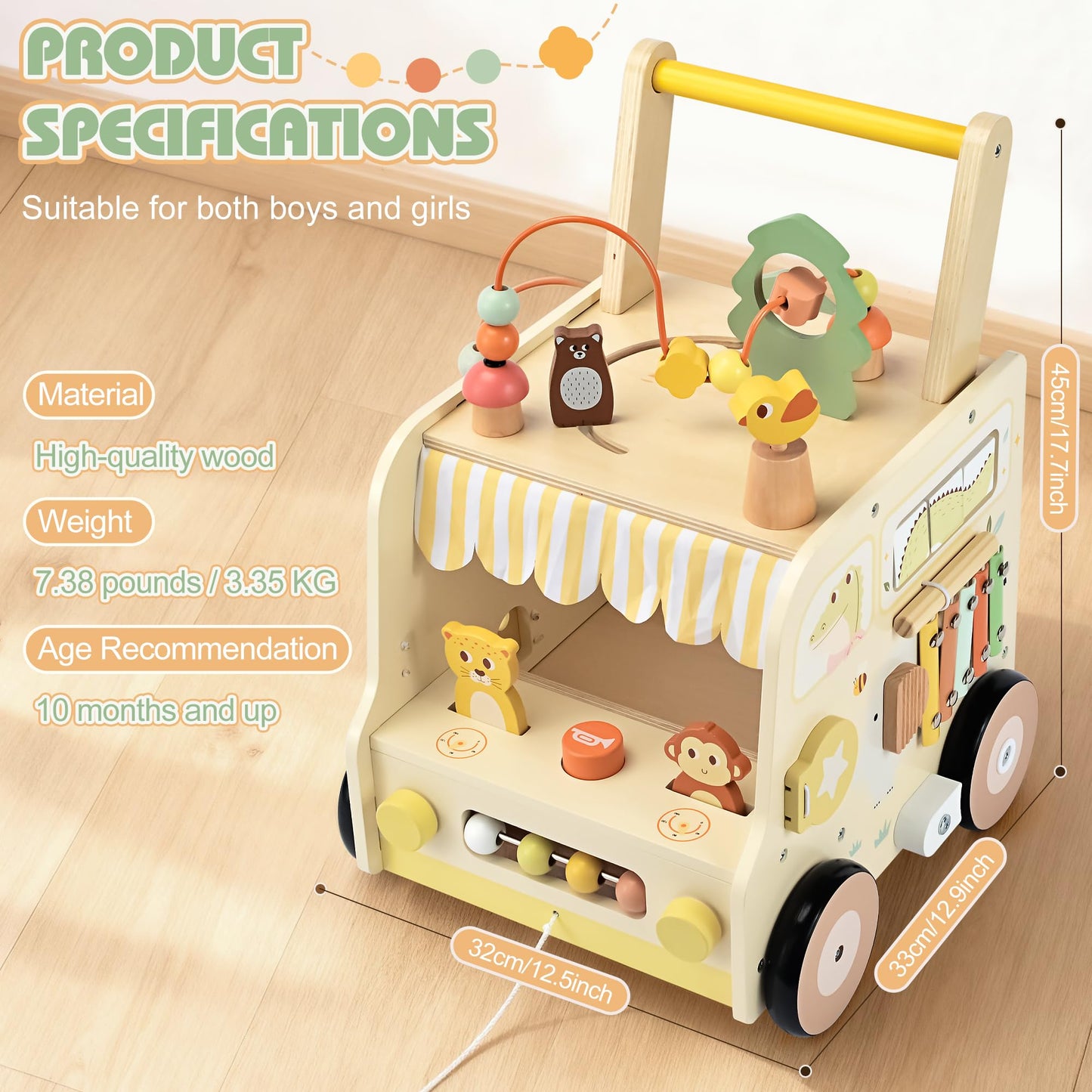 Pithfor Wooden Activity Cube Push Walker, Wooden Baby Walker, Montessori Toys for Babies 10-12 Months 1 2 3 Years Old Boys & Girls, Help Learning to Walk & Sit-to-Stand