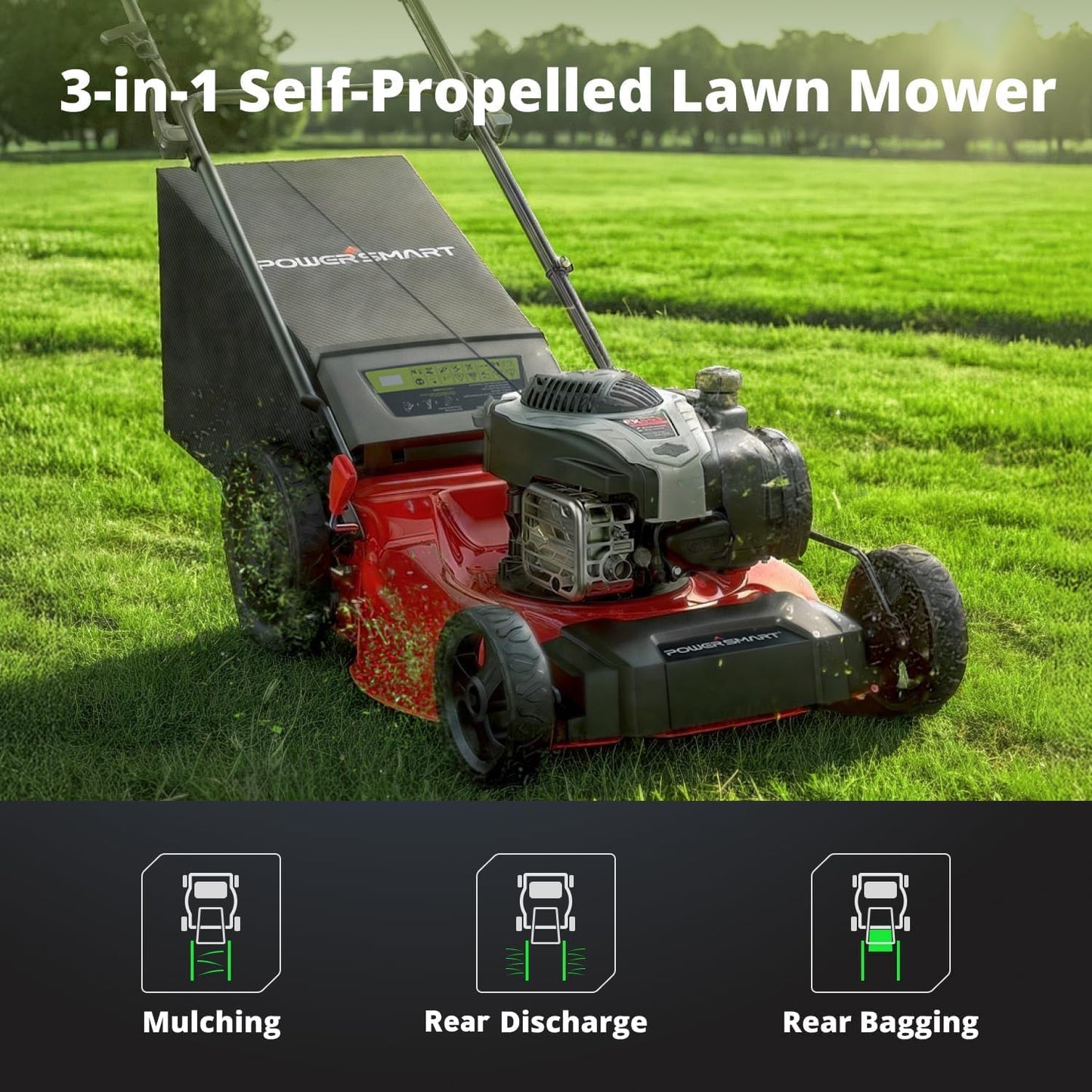 PowerSmart 21" B&S Engine 140cc Self-Propelled Lawn Mower – Durable Steel Deck, 6-Height Adjustments, 3-in-1 Mulching Versatility