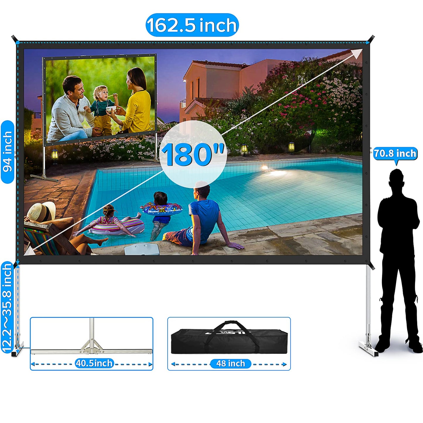 JWSIT 180 inch Projector Screen with Stand,Upgraded 3 Layers PVC 16:9 Large Outdoor Projector Screen,Portable Outdoor Movie Screen with Carrying Bag for Large Commercial Performance