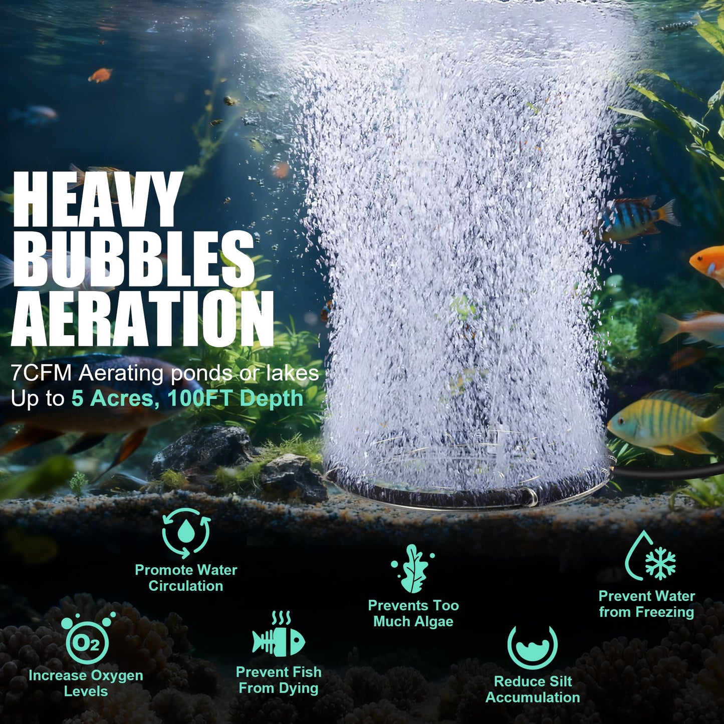 Goldlife Pond Aerator, 1HP 750W 110V/120V 7CFM Aerartion System for Up to 5 Acre Lake, With Air Compressor & 2 100FT Tubings & 2 Diffusers & Timer, for Outdoor Ponds Water Oxygen Circulation