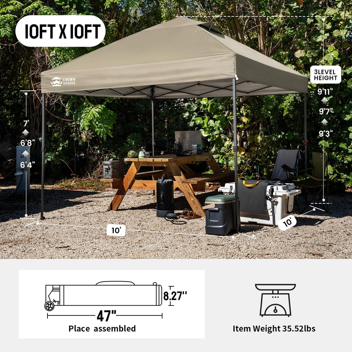 CROWN SHADES 10x10 Pop Up Canopy Tent - Patented Center Lock One Push Instant Outdoor Canopy Beach Tent with STO-N-Go Bag 8 Stakes & 4 Sand Bags,Khaki