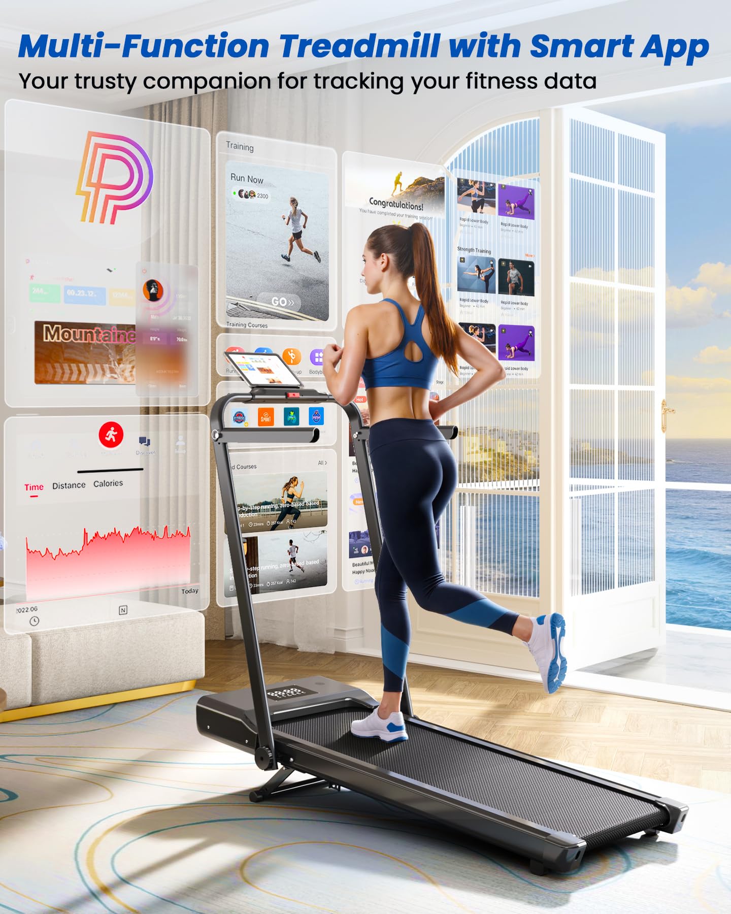 DeerRun Foldable Walking Pad Treadmill for Home & Office, Under Desk Walking Pad Treadmill with 9% Manual Incline and Handlebar, 0.6–7.5 MPH, 300 lb Capacity, App & Remote Control