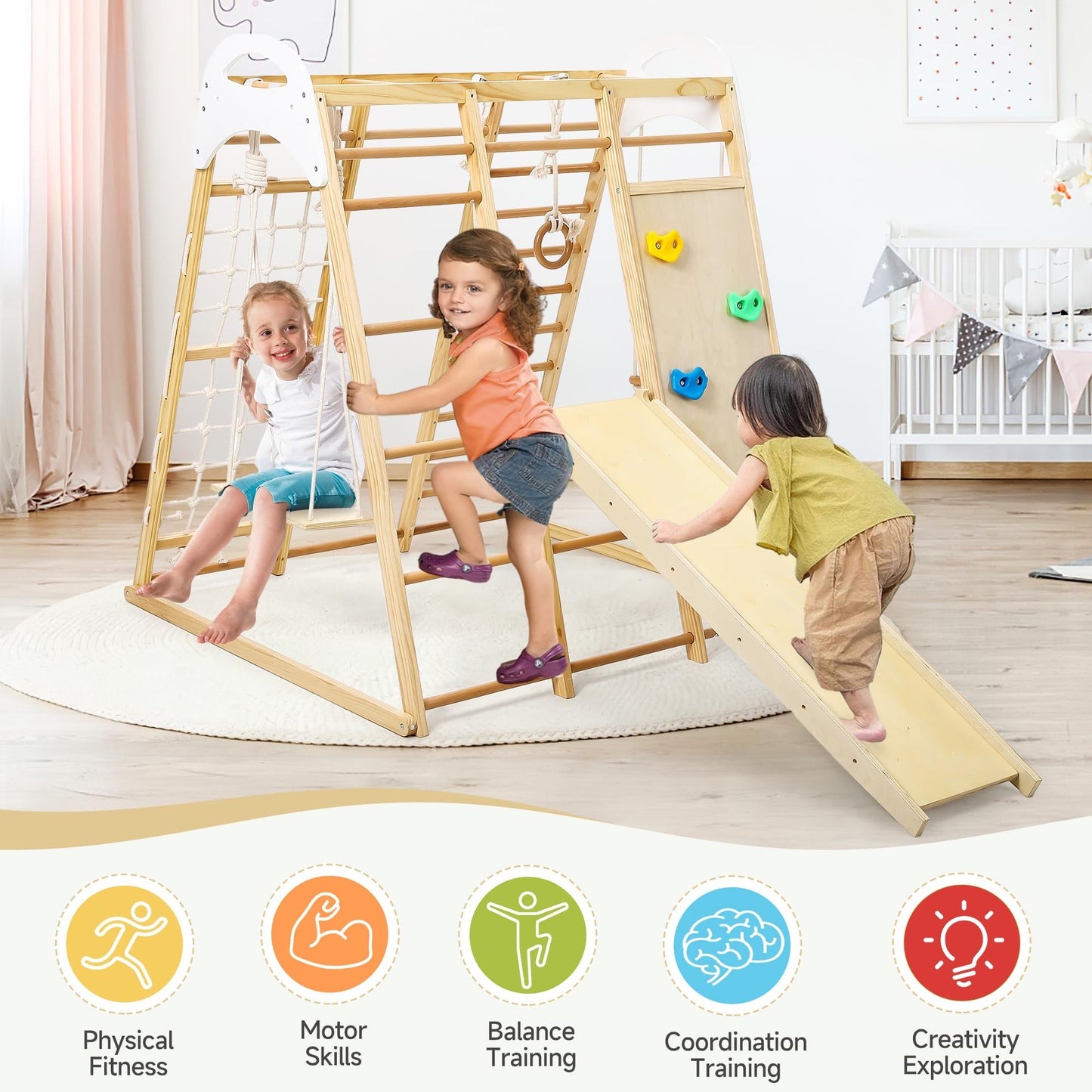 Hipicute 8-in-1 Climbing Toys for Toddlers, Indoor Playground Climber Playset, Wooden Climbing Gym with Swing, Slide, Climbing Wall, Jungle Gym for Kids Aged 3-8