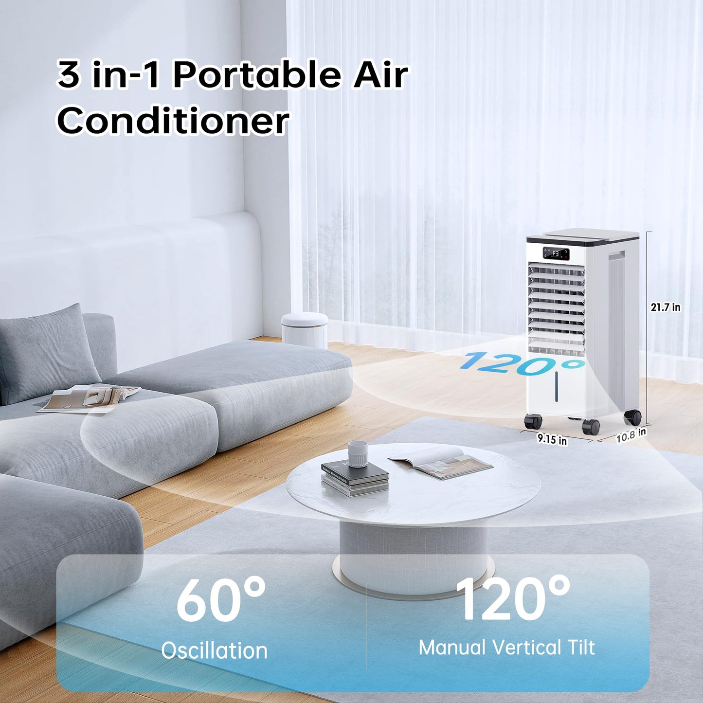 Feculs Portable Air Conditioners No Windows Needed, 3-IN-1 Swamp Cooler, Evaporative Air Cooler, 4 Modes & 3 Speeds, 2-Gal Water Tank for Long Cooling, Max 20 FT/S Remote Control, 12 Hours Timer