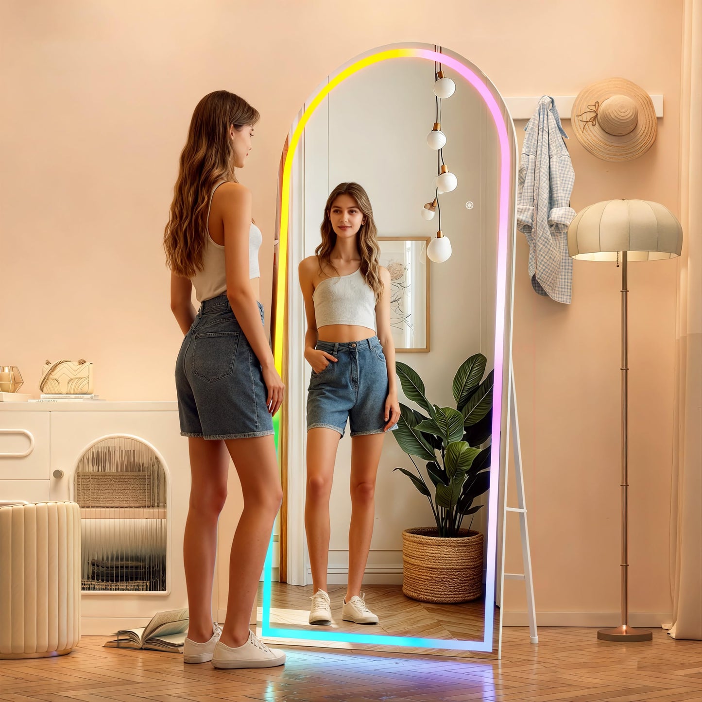 Hasipu 56" x 16" Arch LED RGB Bluetooth Full Length Mirror with Stand & 7 Color Lighting Modes, Full Body Mirror with White Frame for Bedroom, Living Room, Dressing Room