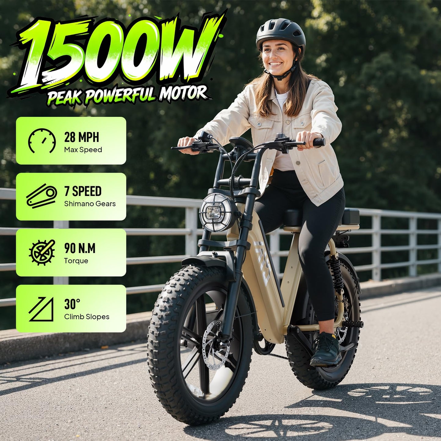 TST Electric Bike for Adults, 1500W Peak Motor Ebike with 48V 15Ah Built-in Battery, 60 Miles Range 28 MPH Electric Bicycle, 20" Fat Tire Step-Thru E Bike with Rear Seat, Safety Tested to UL 2849