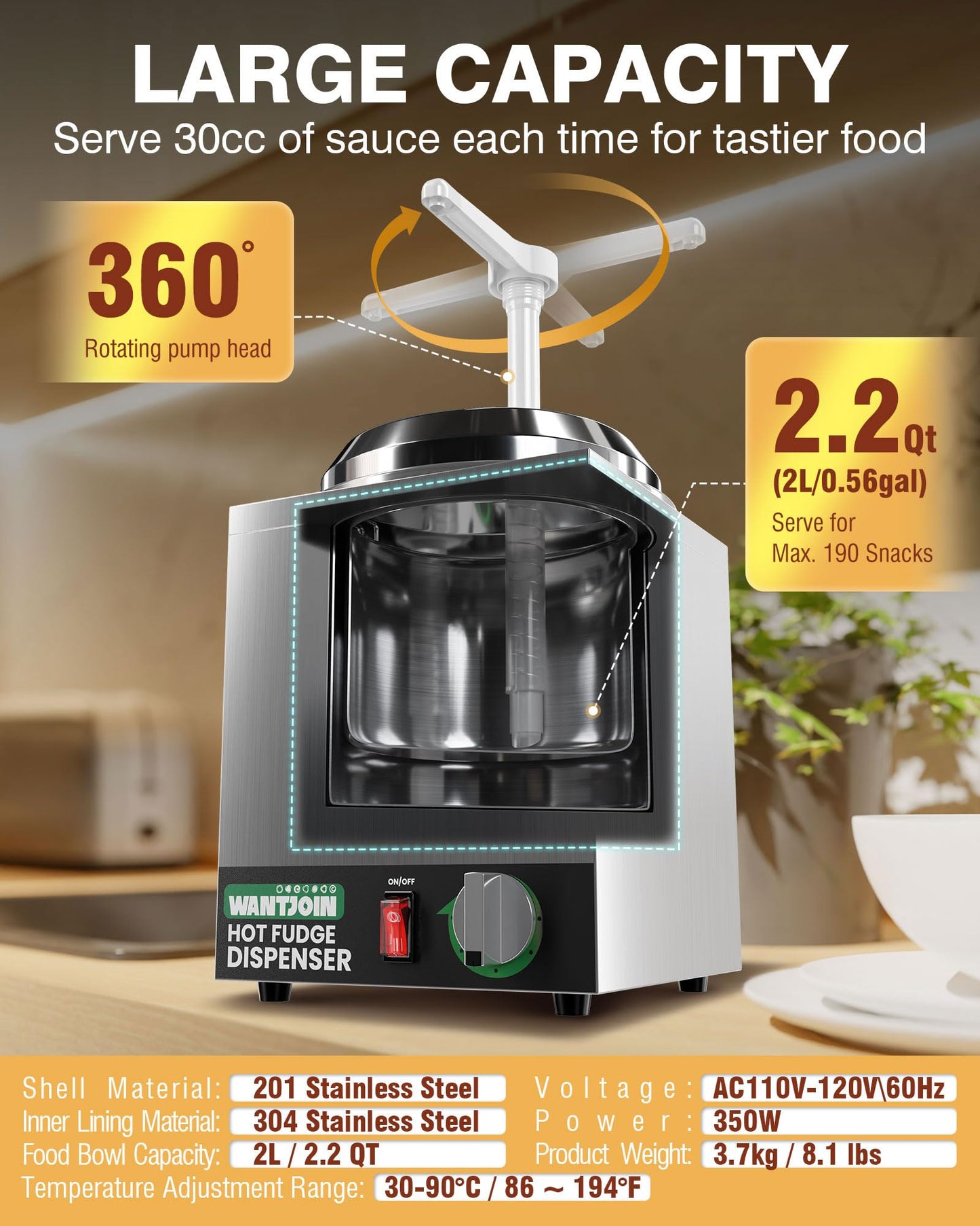 WantJoin Nacho Cheese Dispenser with Pump - 2.2Qt Nacho Cheese Warmer,Stainless Steel Hot Fudge Warmer W/5-Level Temperature Adjustment,Commercial Hot Fudge Dispenser for Hot Fudge Cheese Caramel