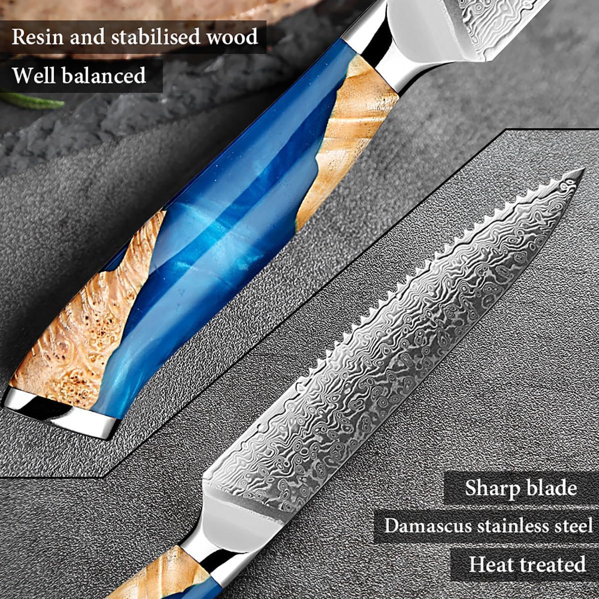 ZILNEHZ Damascus Steel Steak Knife, Resin Wood Handle, Stainless Steel Western Style Steak Knives of 4, Kitchen Serrated Set Knife Slicing & Cutting