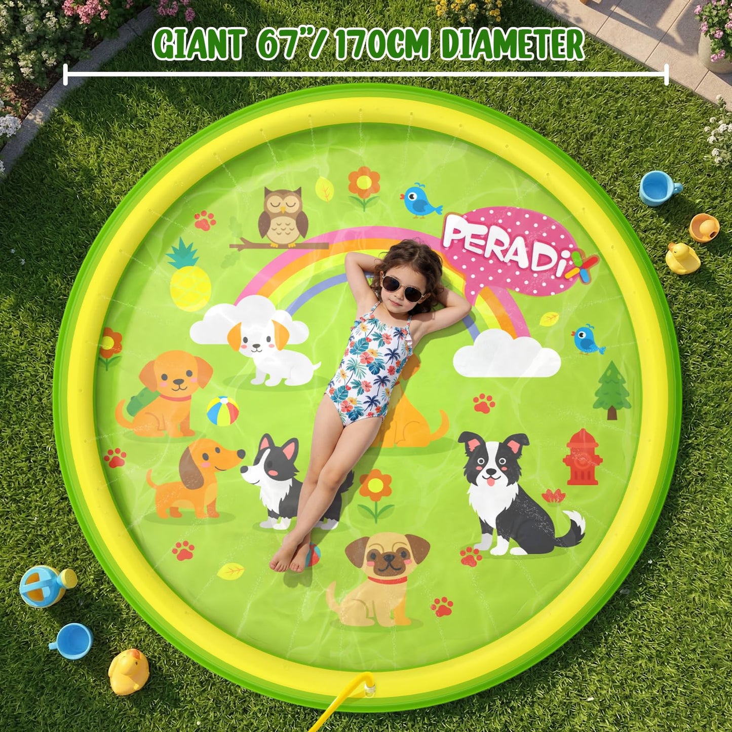 Peradix Splash Pads for Toddlers, 67" Kids Splash Pad with Inflatable Base, Dog Pattern Sprinkler Mat for Kids, Summer Water Toy for Backyard Garden Lawn, Baby Pool Learning Gift for Boys Girls Dogs