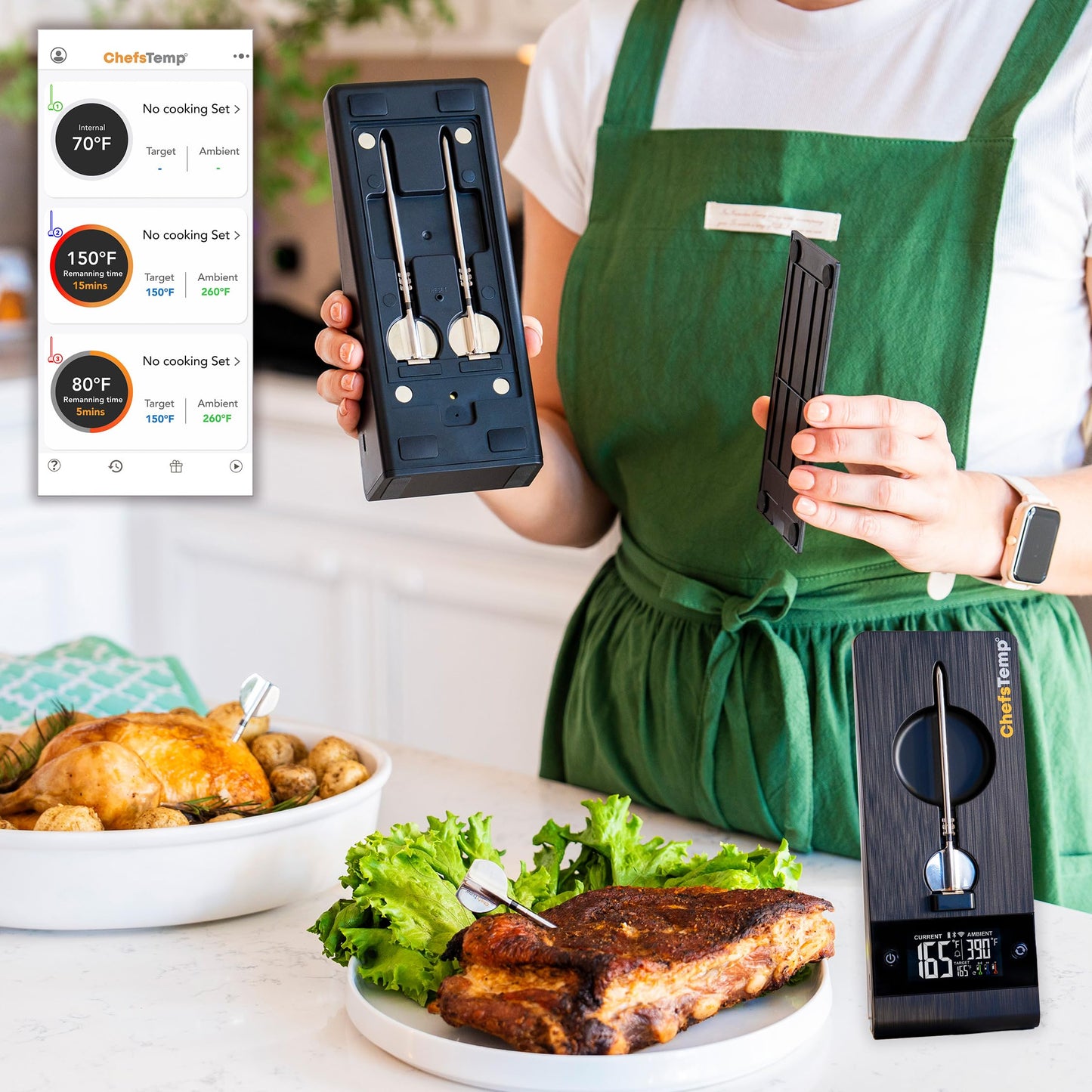 ChefsTemp ProTemp 2 Plus Needle Probe Wireless Meat Thermometer with Temperature Controller Unlimited Range Bluetooth & WiFi Enabled Smart Cooking Smoker Grilling BBQ Oven Kitchen (Stand + 1 Probe)