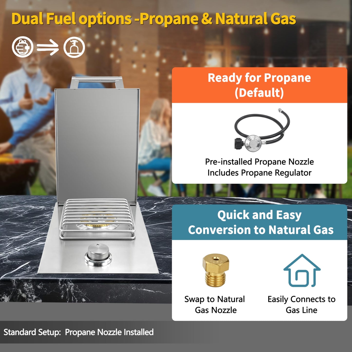 Qualipo Single Grilling Side Burner, 15,000BTU Liquid Propane for Outdoor Kitchen, Heavy-Duty 304 Stainless Steel, Convertible to Natural Gas, Built-in Single Side Burner for BBQ Grill Island