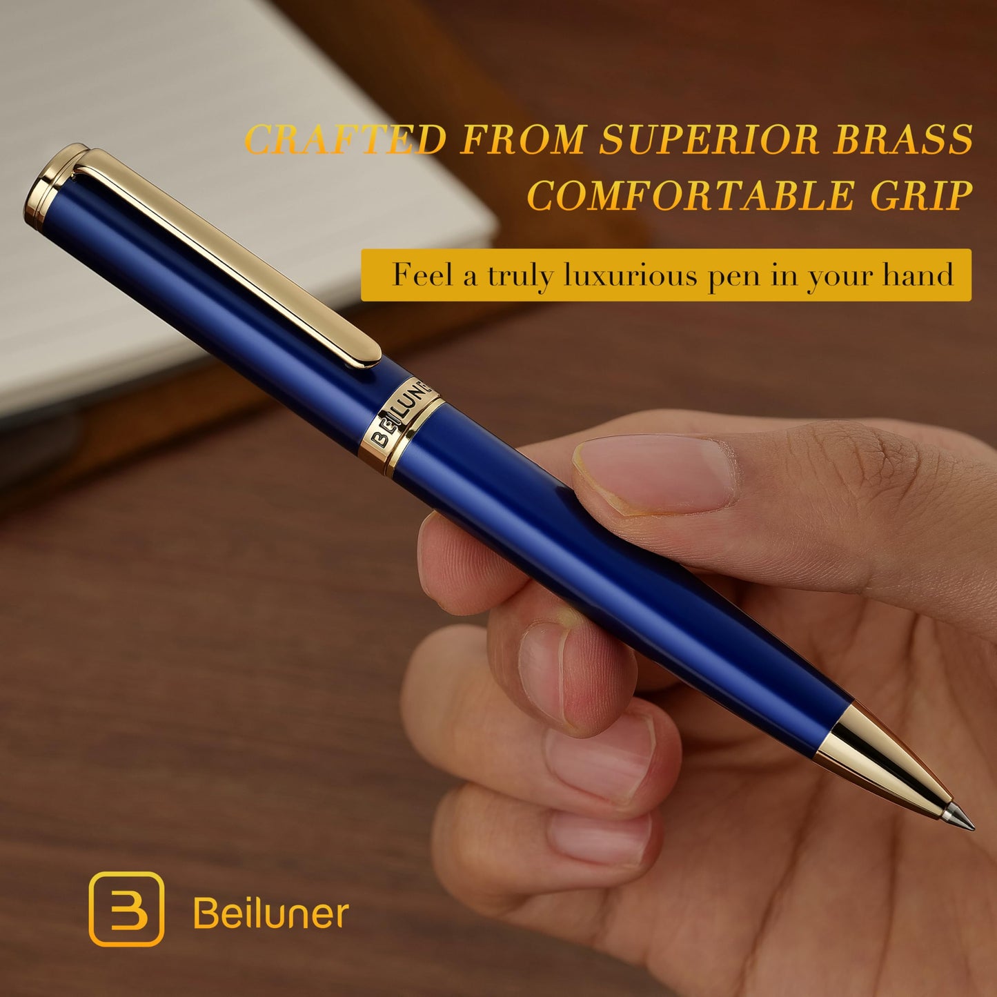 BEILUNER Blue Lacquer Gel Pen - Stunning Luxury Pen with 24K Gold Finish, ADMOK Black Refill, Executive Gift Set for Family & Friends, Writing, Fancy, Office, Retractable Pens
