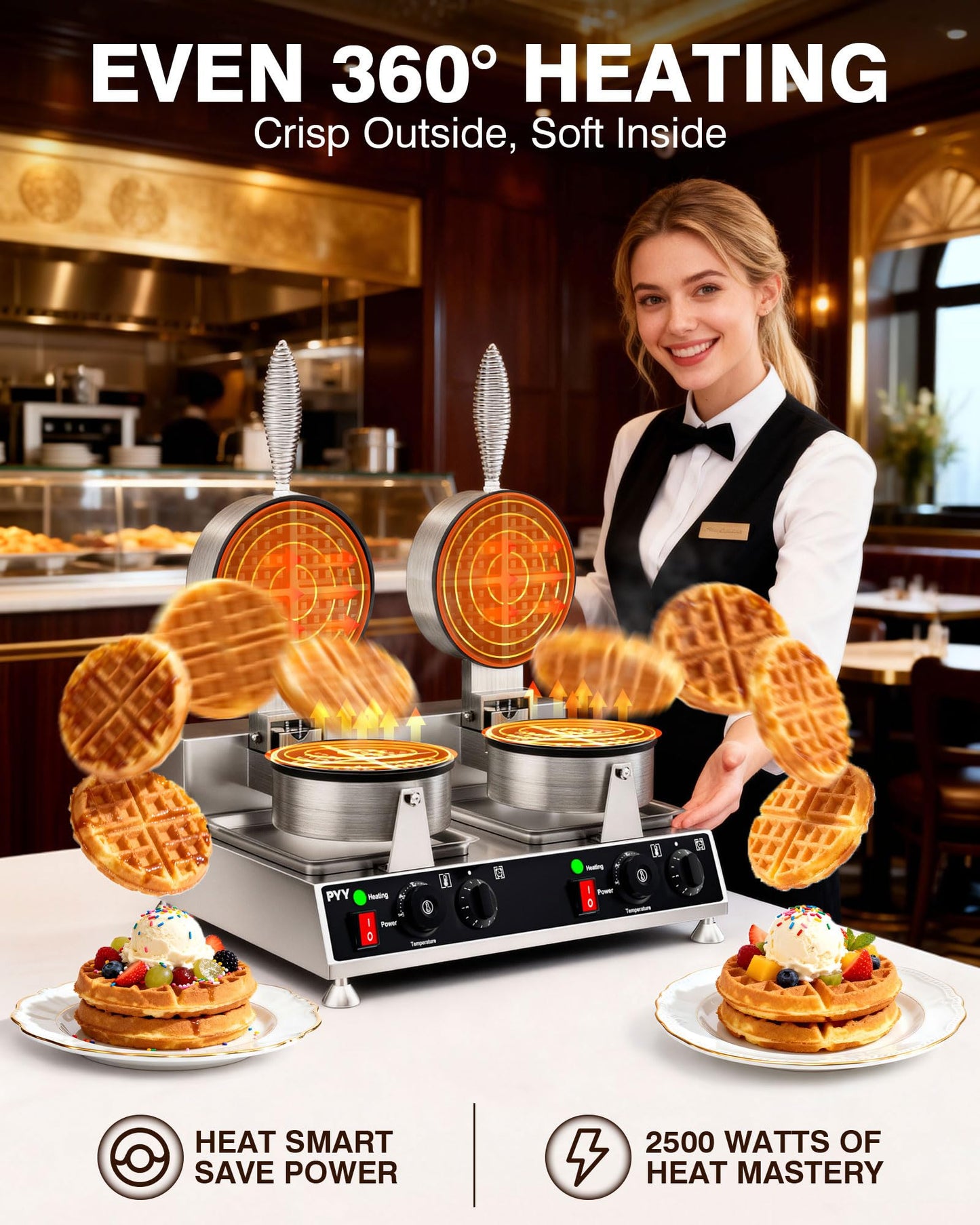 PYY Commercial Waffle Maker - Double Waffle Maker 2500W Large Stainless Steel,Silver Non-stick Electric Chaffle Maker for Restaurants, Waffle Houses, and Carnival Events