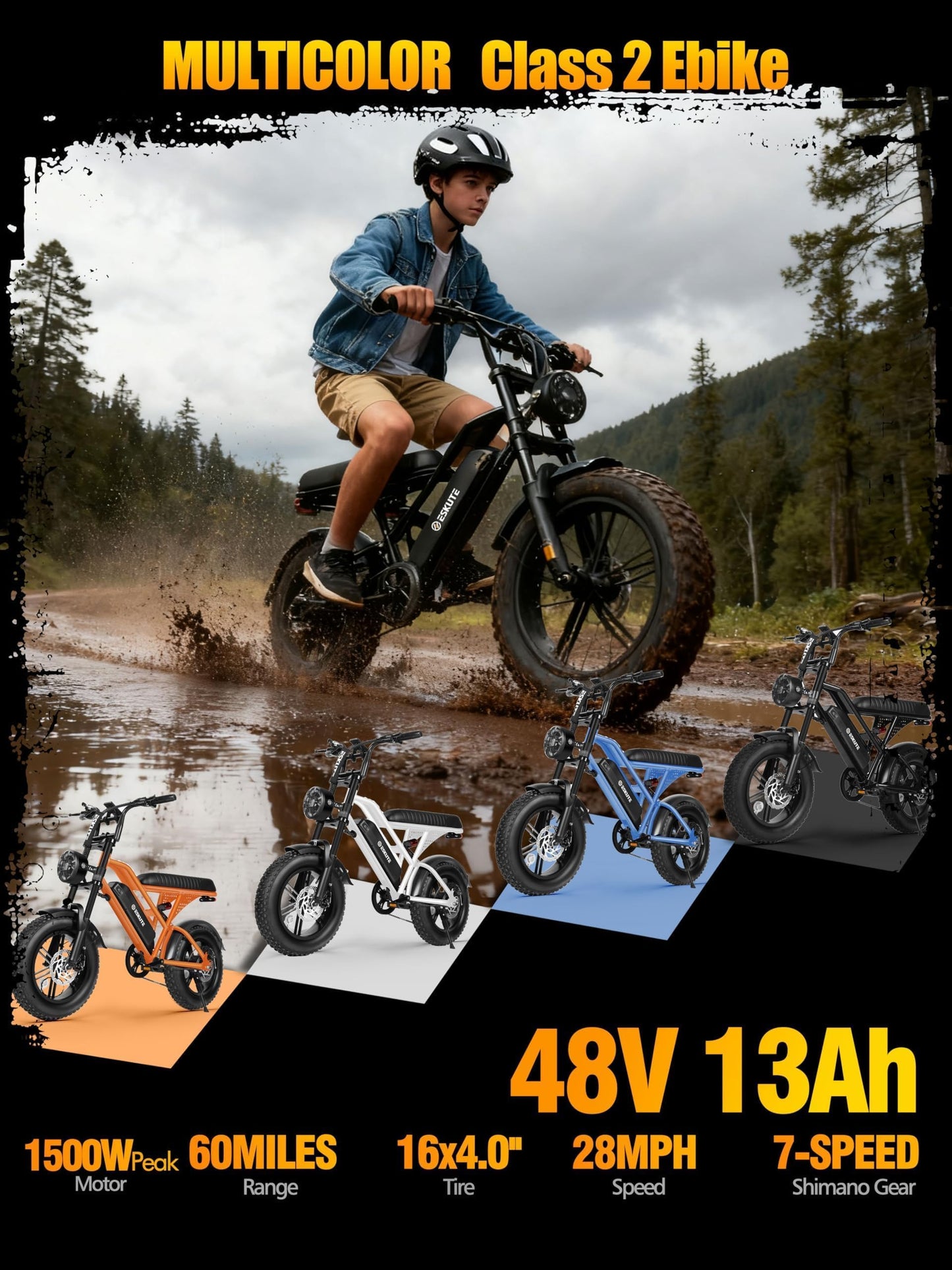Elecby V100 1500W Peak Electric Bike for Adults, 28MPH 48V 13Ah Removable Battery, 60 Mile Range, 16"x4.0" Fat Tire, 7-Speed E-Bike with Dual Suspension โ Commuter Ebike for Men & Women