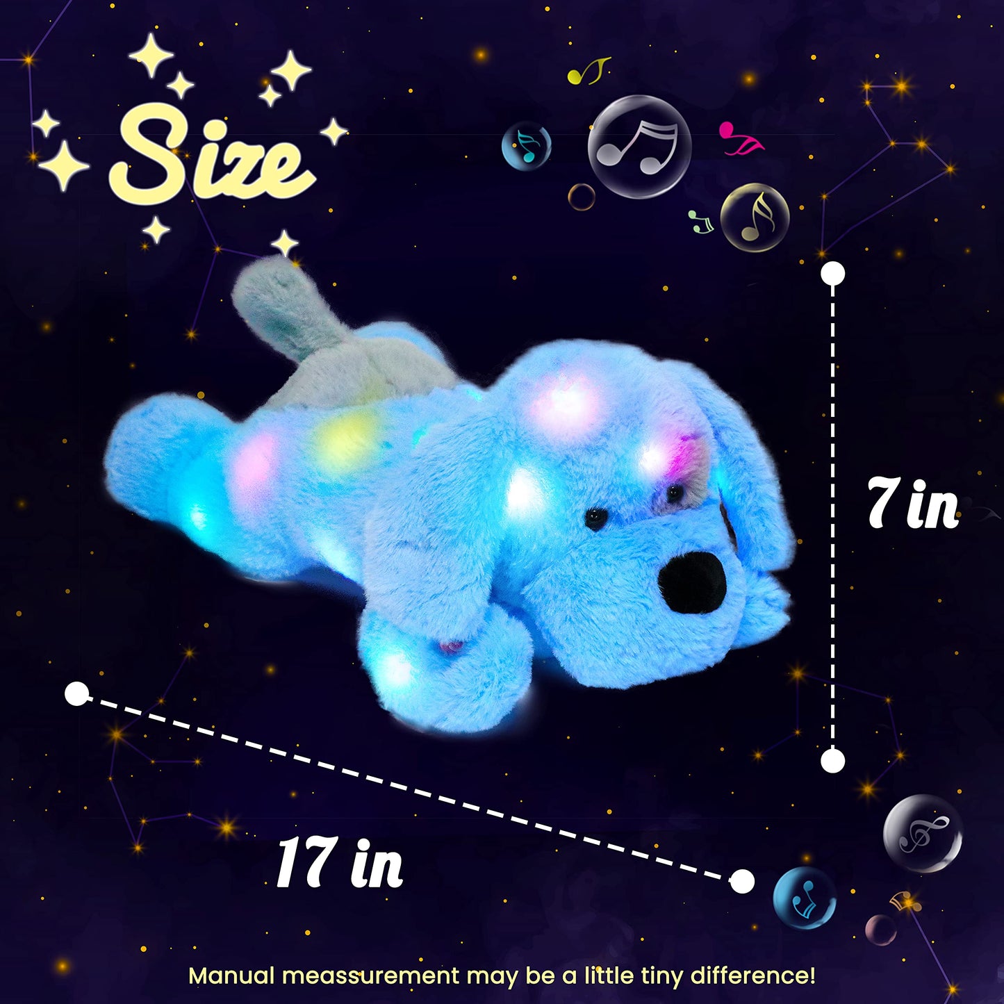 Hopearl LED Musical Stuffed Puppy Lighting Up Singing Plush Dog Adjustable Volume Lullaby Animated Soothe Birthday Festival for Kids Toddler Girls, Blue, 17''