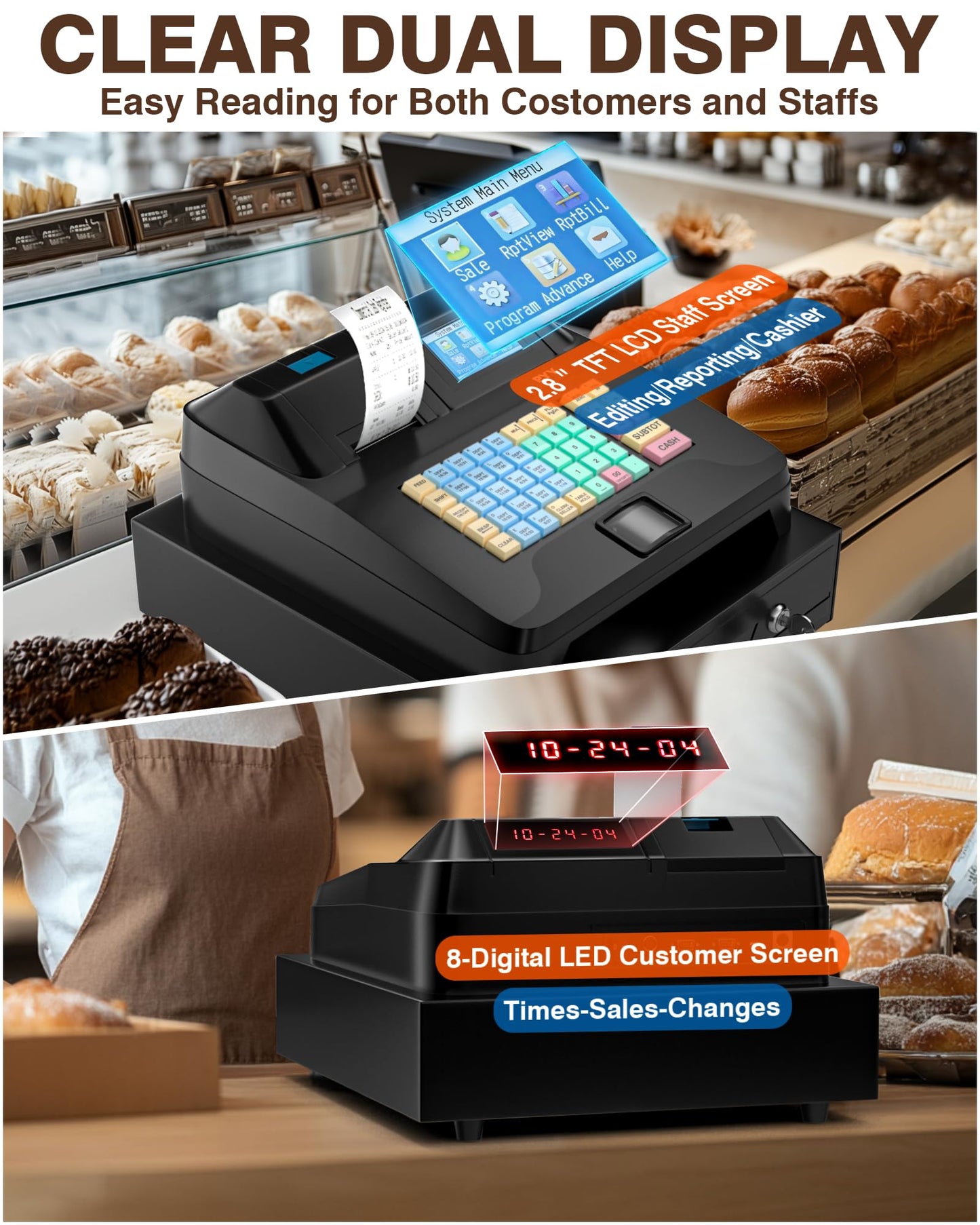 PYY Cash Register for Small Businesses - Electronic Commercial Caja Registradora para Negocio with Black Locked Cash Drawer Box, 8 Digital Dual Display, 48 Keys, Restaurant Supermarket Retail System