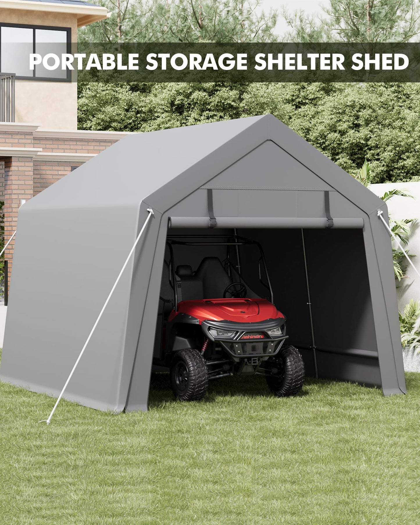 GarveeHome 10 x 10 Ft Carport Storage Shed, Portable Garage with Roll-Up Zipper Door, Heavy Duty Waterproof Tarp, Storage for Motorcycle, Bike, Firewood, Garden Tools, Grey