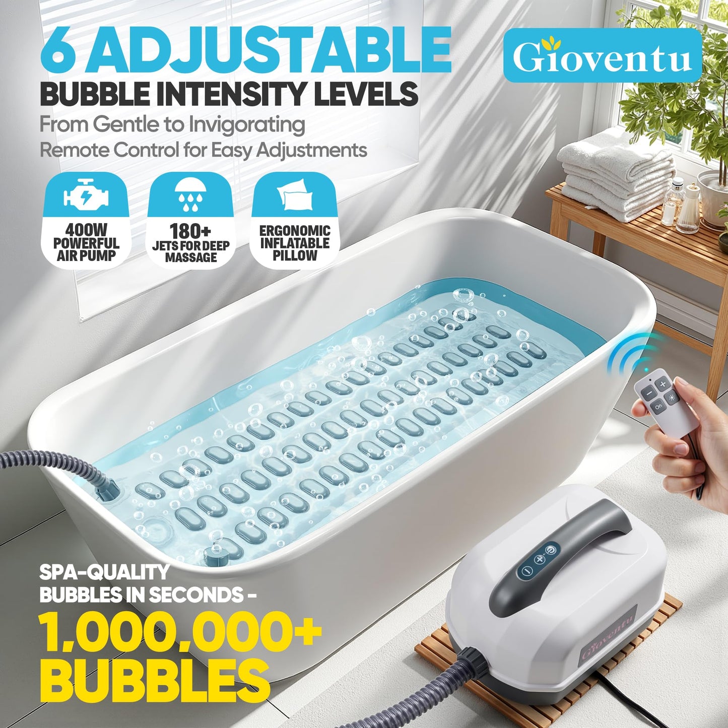 Upgraded Bathtub Spa Mat, Portable Spa Bubble Bath Massager with 6 Adjustable Settings, Upgraded Non-Slip Design and Remote Control, Hot Tub Jet Mat for Bathtub at Home, Full-Body Support