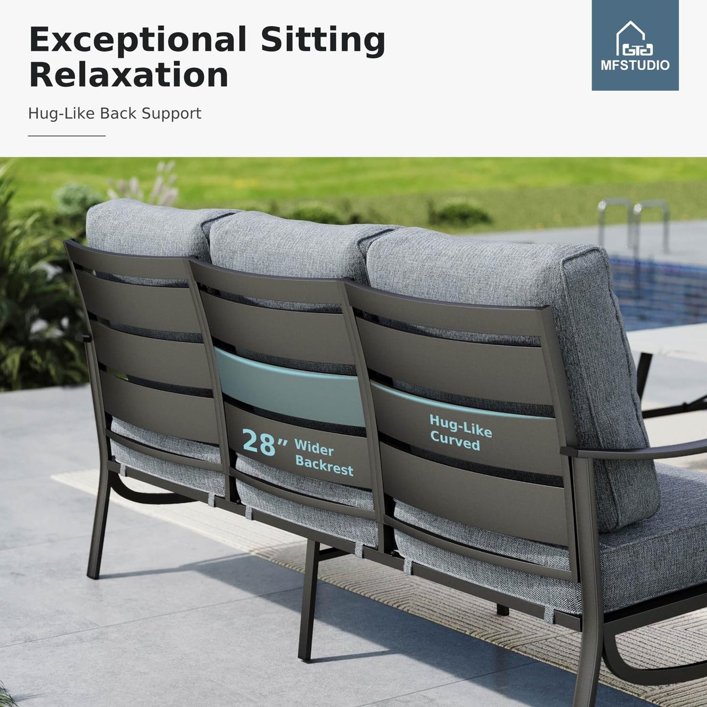 MFSTUDIO 5 Pieces Patio Conversation Sets,Outdoor Metal Furniture Sofas with 1 x 3-Seat Sofa, 2 x Swivel Chairs,2 x Ottoman,Wrought Iron Frame with Grey Cushion for Patio Courtyard Balcony