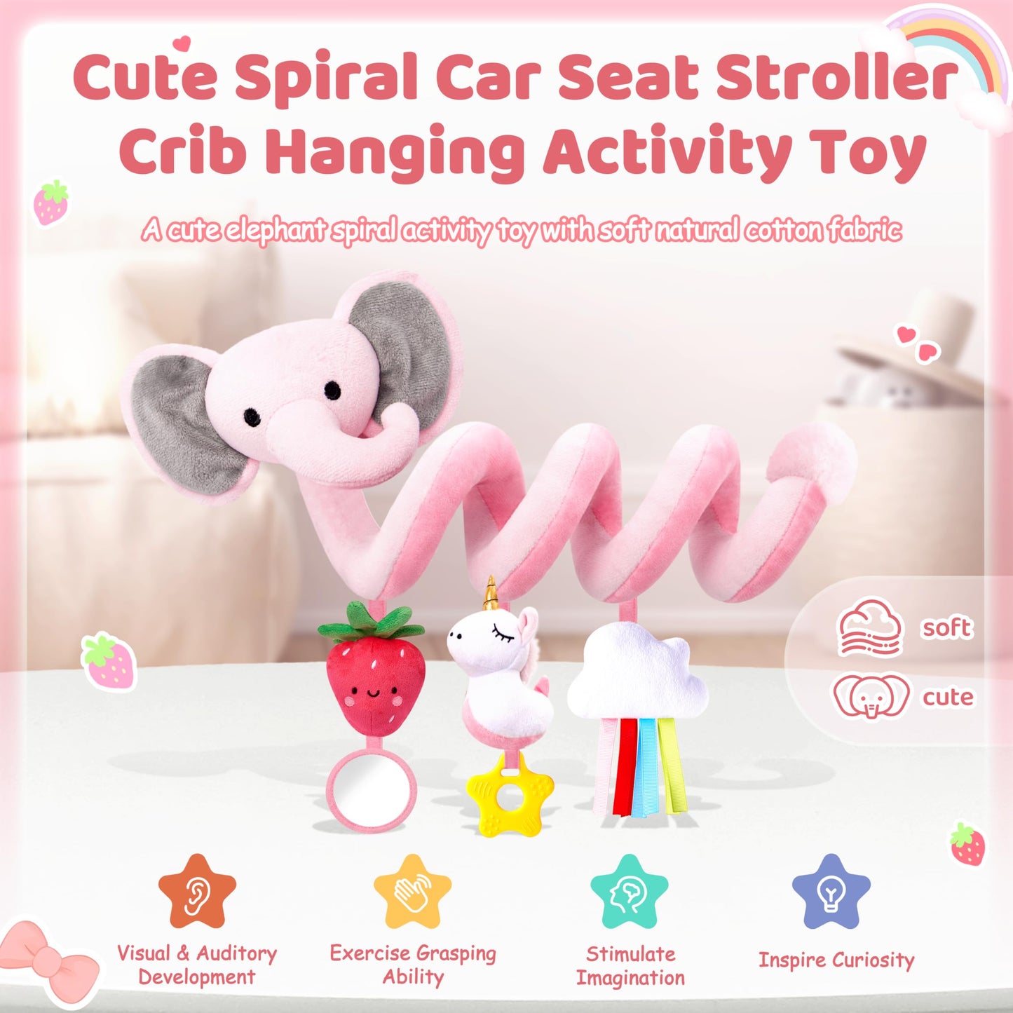 Spiral Car Seat Toys for Baby Girls 0-6 Months, Cute Pink Elephant Strawberry Stuff, Perfect Newborn Shower Gifts for Girls Essentials