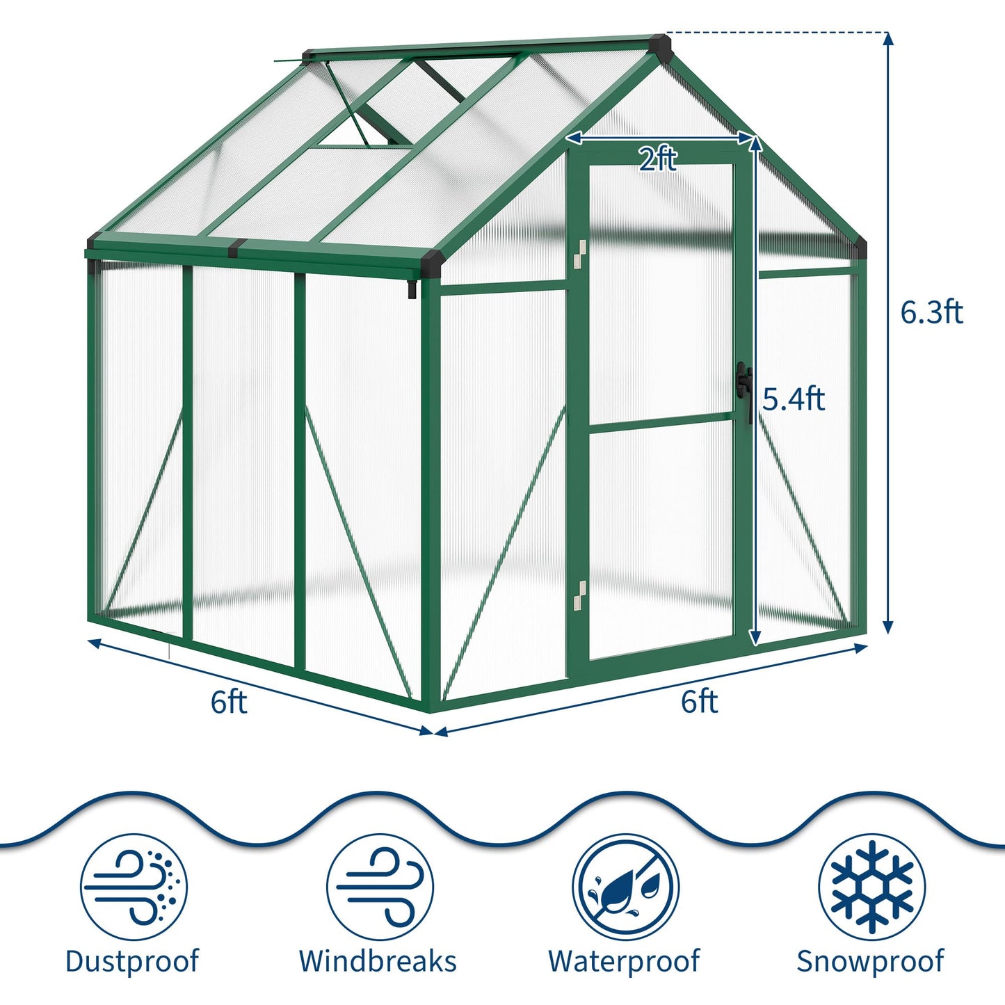 6X6 FT Greenhouse for Outdoors, Large Walk-in Polycarbonate Greenhouse Kit, Aluminum Frame, Lockable Door, Roof Vent, Ground Spikes, for Garden, Patio, Backyard, Outdoor Plant Growth