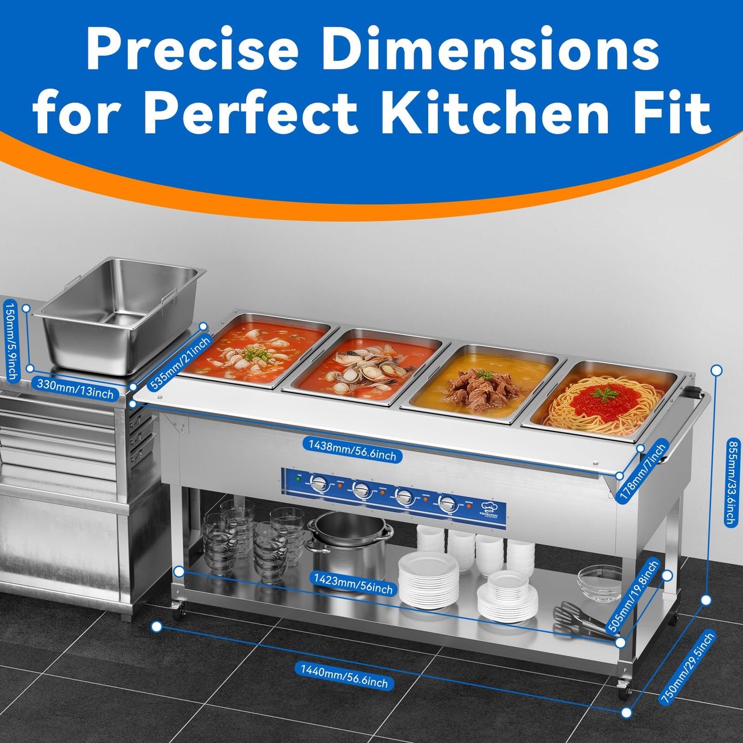 TOPKITCH Commercial Electric Food Warmer Soup Station - 4 Independent 19.5L Pans with German EGO Thermostat, Rolling Stand with Adjustable Shelves for Restaurant, Catering, Party
