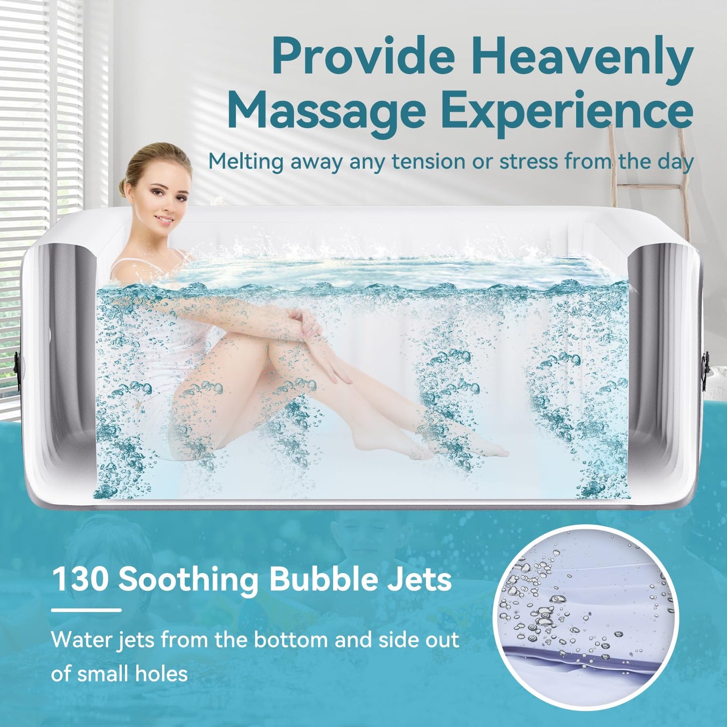 Blow Up Inflatable Hot Tub, 4-6 Person Large Square Portable Hot Tub, Leak-Proof PVC Outdoor Spa with 130 Air Jets, Heater Pump and Insulated Cover, 73” X 73”X 25”