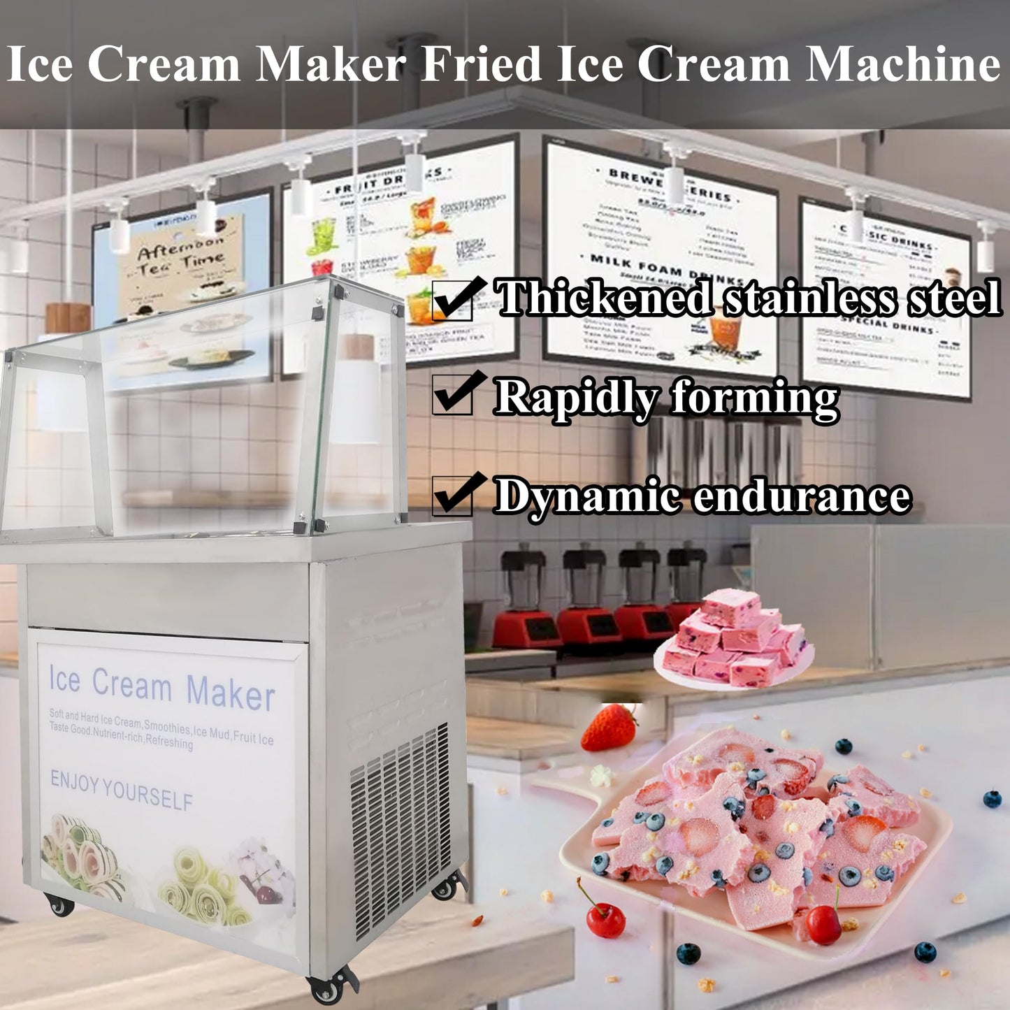 HQHAOTWU Stainless Steel Fried Ice Cream Maker Machine Commercial Rolled Icecream Maker Electric Single Square Pan Fried Yogurt Cream Machine with 6 Buckets, Lamp and Dust Cover 110V
