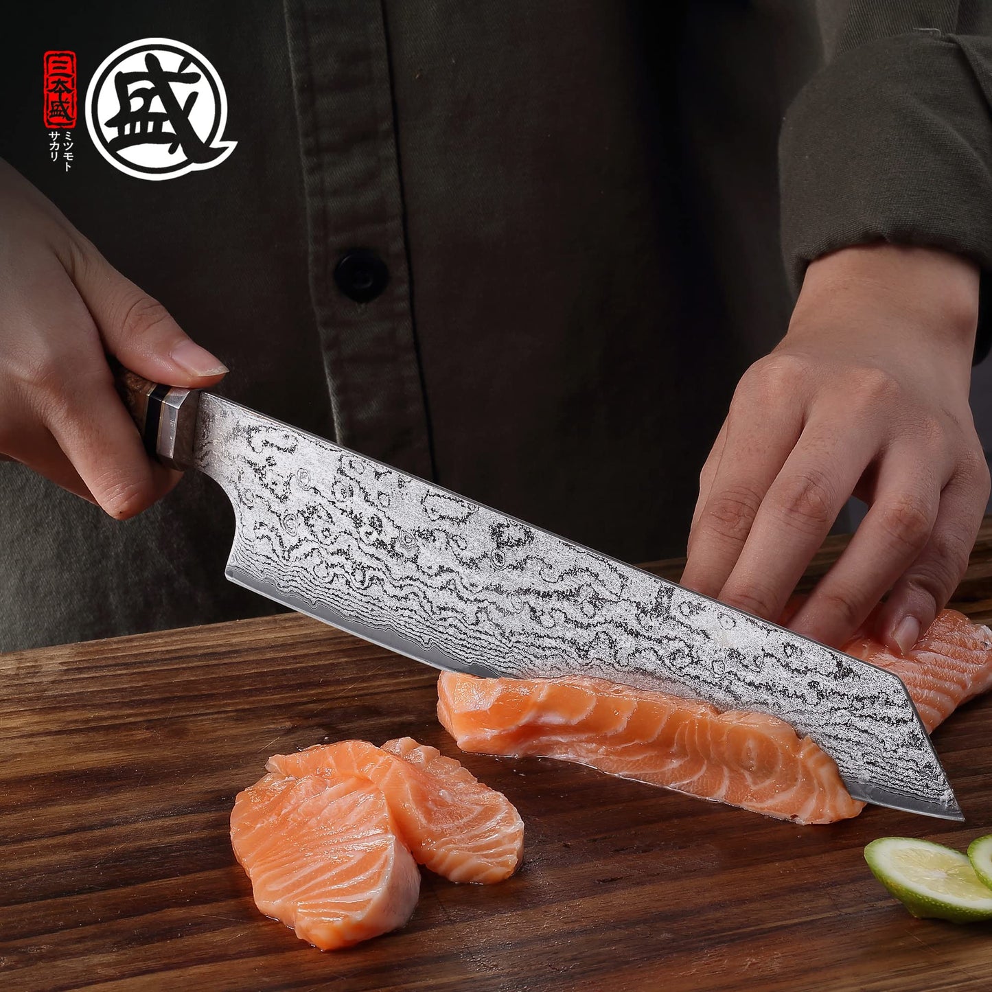 MITSUMOTO SAKARI 8 inch Kiritsuke Chef Knife & Japanese Sushi Knife, Hand Forged AUS-10 Damascus Steel with Shadowwood Handle & Sandalwood Box