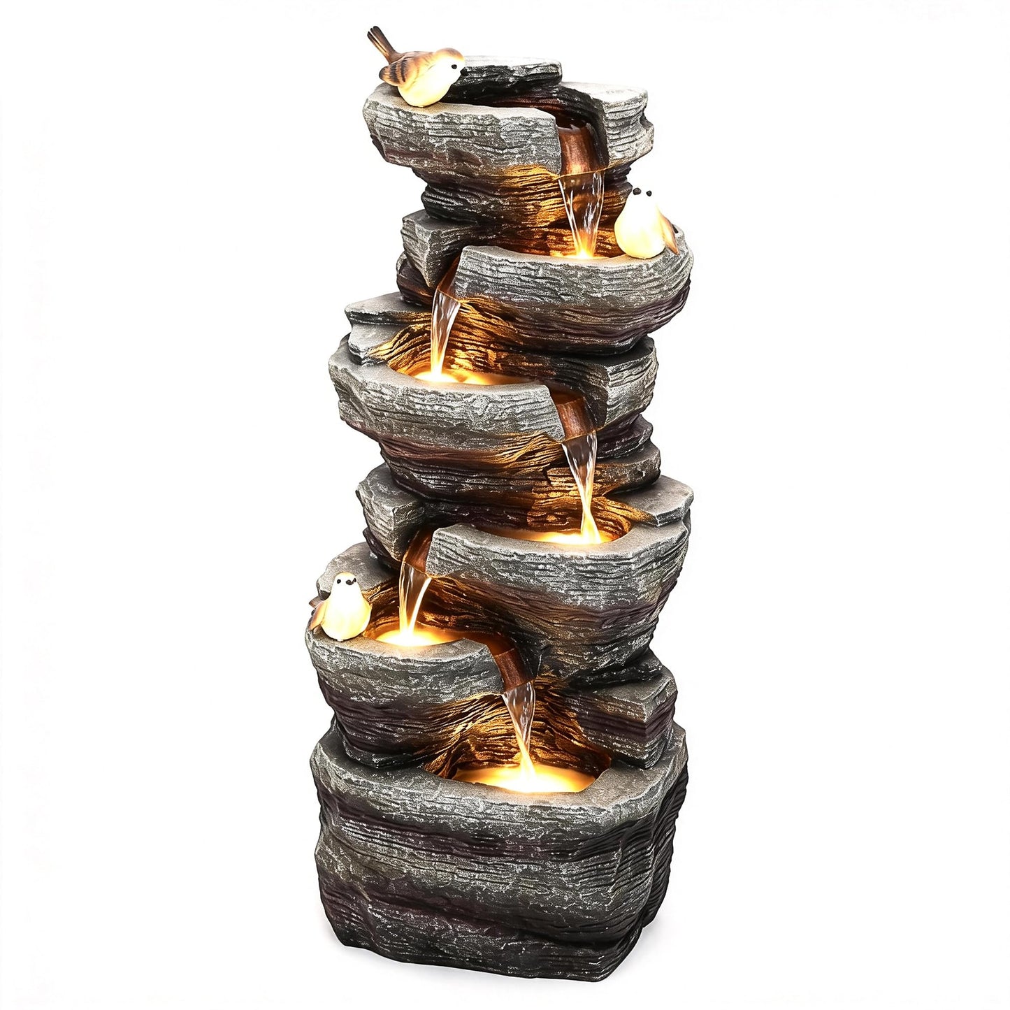 Ultym 40" H Extra-Large Rock Outdoor Water Fountain with LED Lights, 6-Tier Cascading Stone Waterfall with Birds for Garden Patio Porch, Weather-Resistant Polyresin Water Feature for Tranquil Oasis