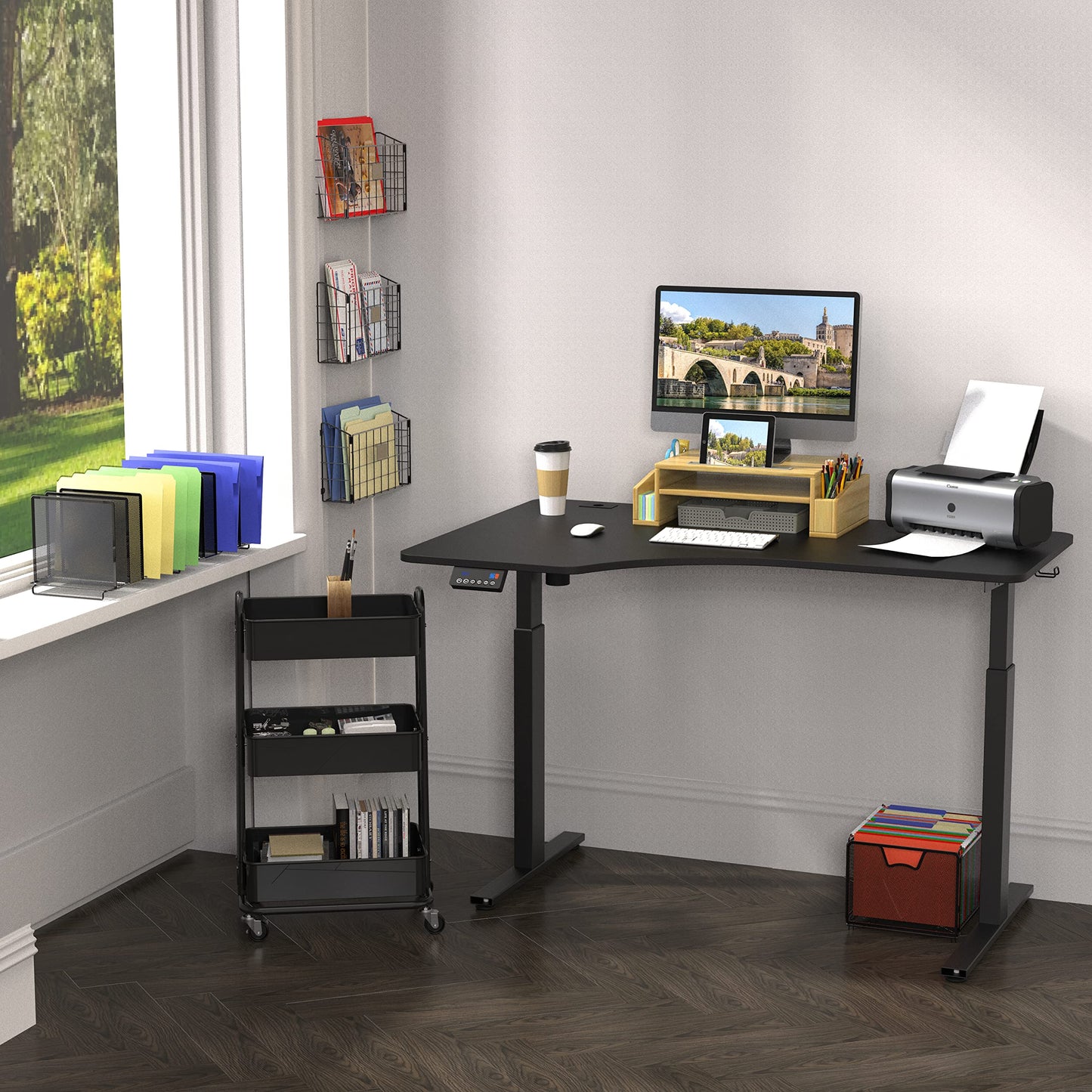SHW 55-Inch L-Shaped Electric Height Adjustable Standing Desk with Left Facing Corner, Black