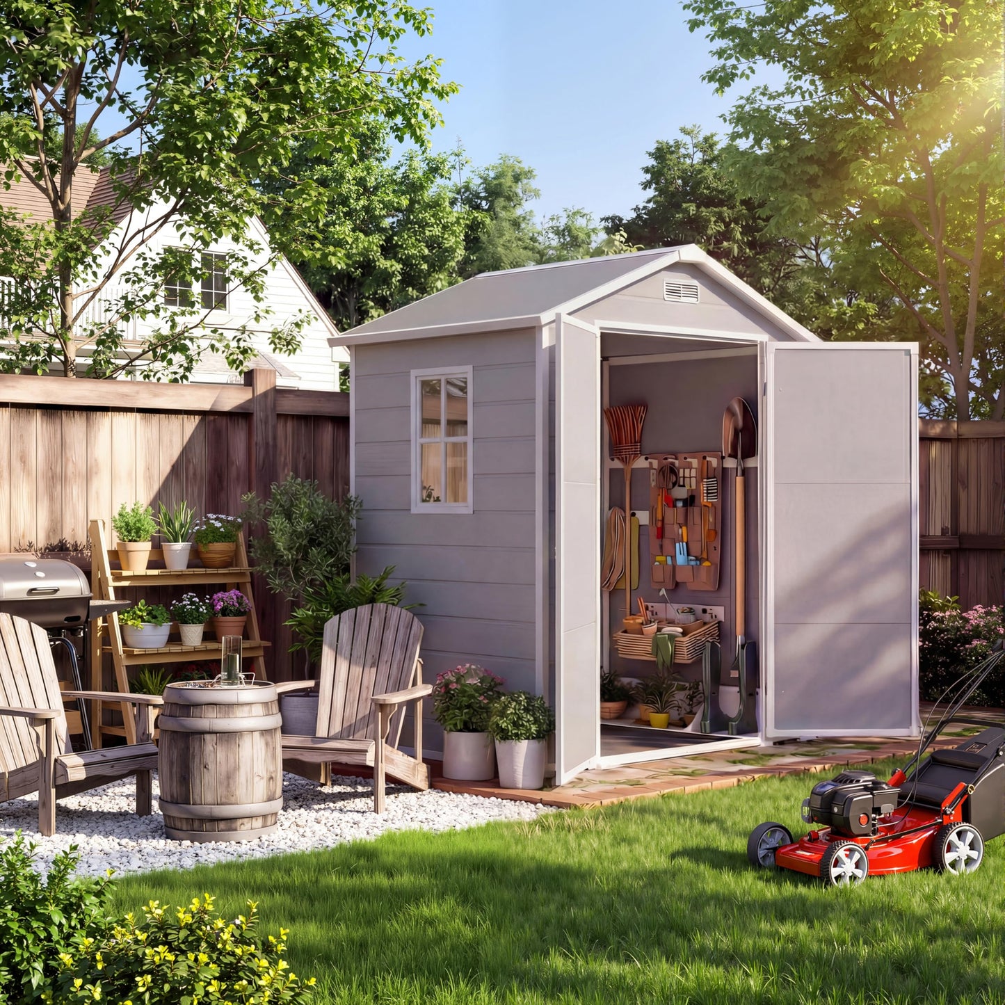 6x4 FT Outdoor Storage Shed with Floor, Plastic Resin Garden Shed with Window & Sloping Roof & Lockable Door for Patio Backyard Garden, Lawn Mower, Bike, Tool Storage