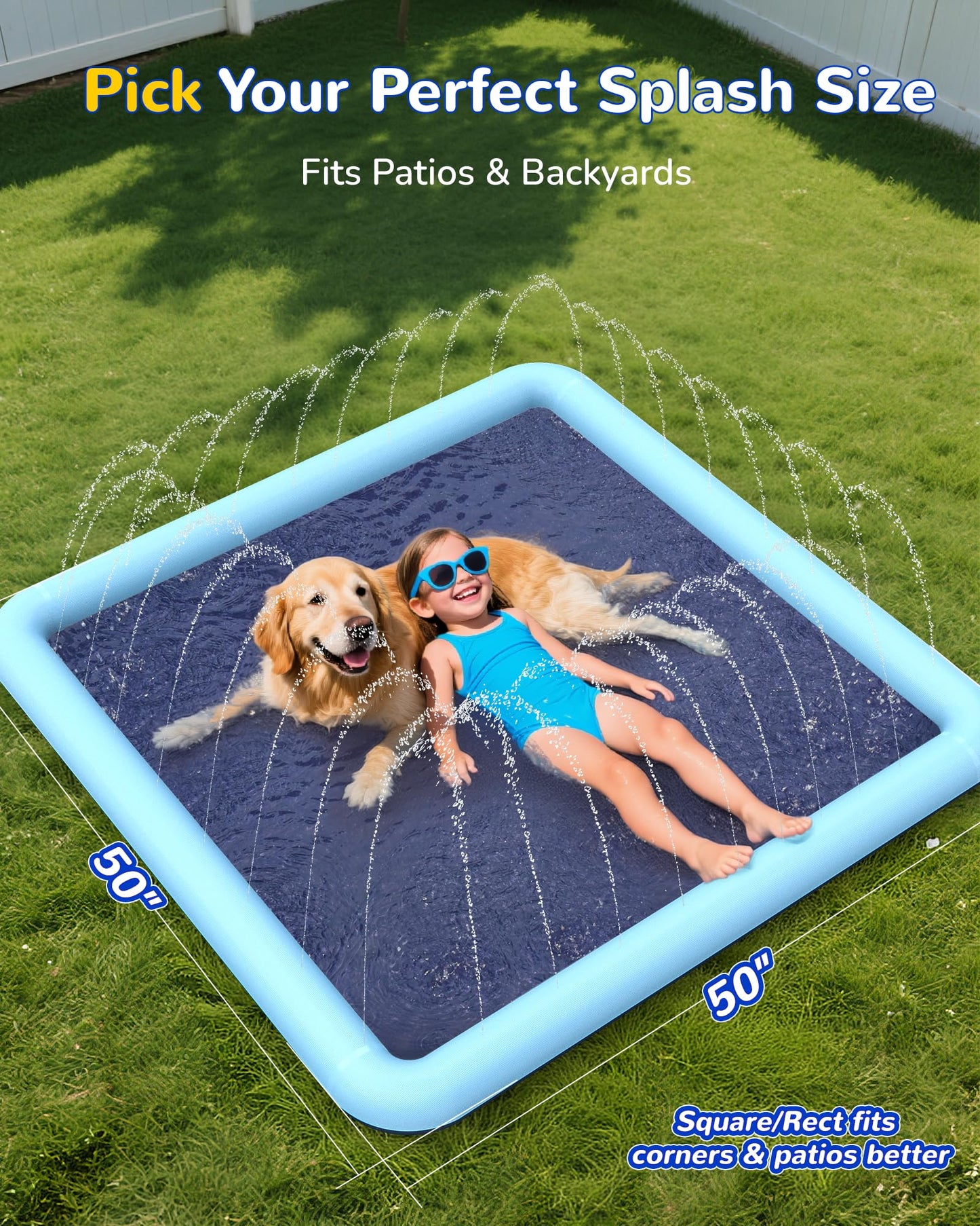 VISTOP Non-Slip Splash Pad for Kids and Dog, Thicken Sprinkler Pool Summer Outdoor Water Toys - Fun Backyard Fountain Play Mat for Baby Girls Boys Children or Pet Dog (50 * 50 inch, Blue&Blue)