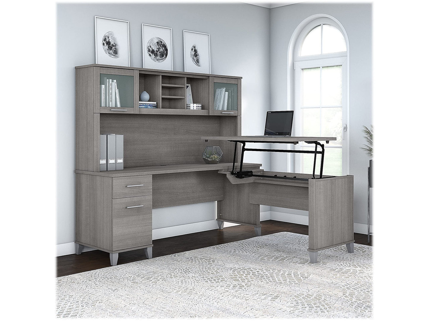 Bush Home Somerset 72W 3 Position Sit to Stand L Shaped Desk with Hutch in Platinum Gray | Adjustable Height Table for Office