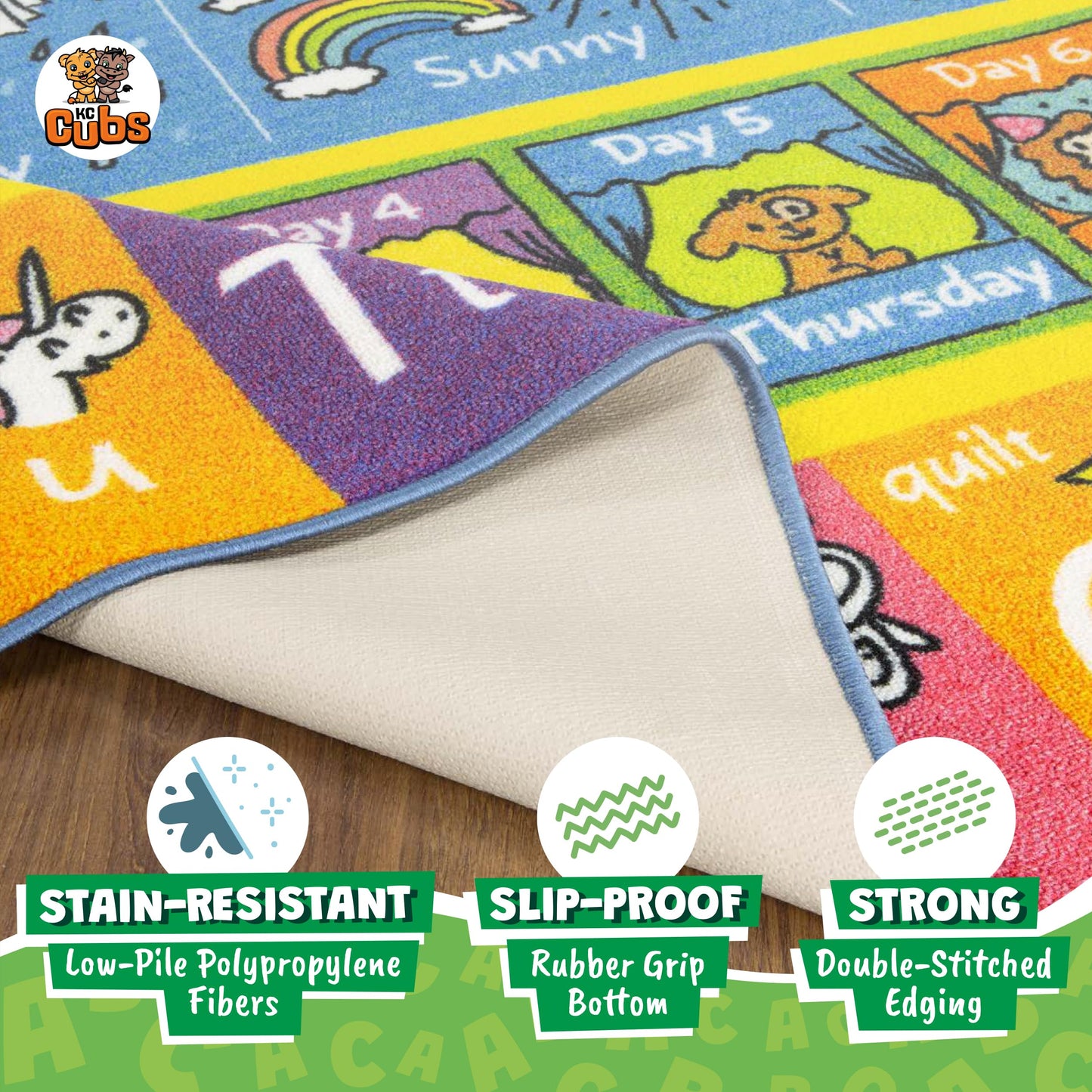 KC Cubs 8x10 ABC Alphabet, Seasons, Months & Days Rug – Educational Play Mat Carpet for Kids, Toddlers, Nursery, Classroom, Playroom, Baby Daycare