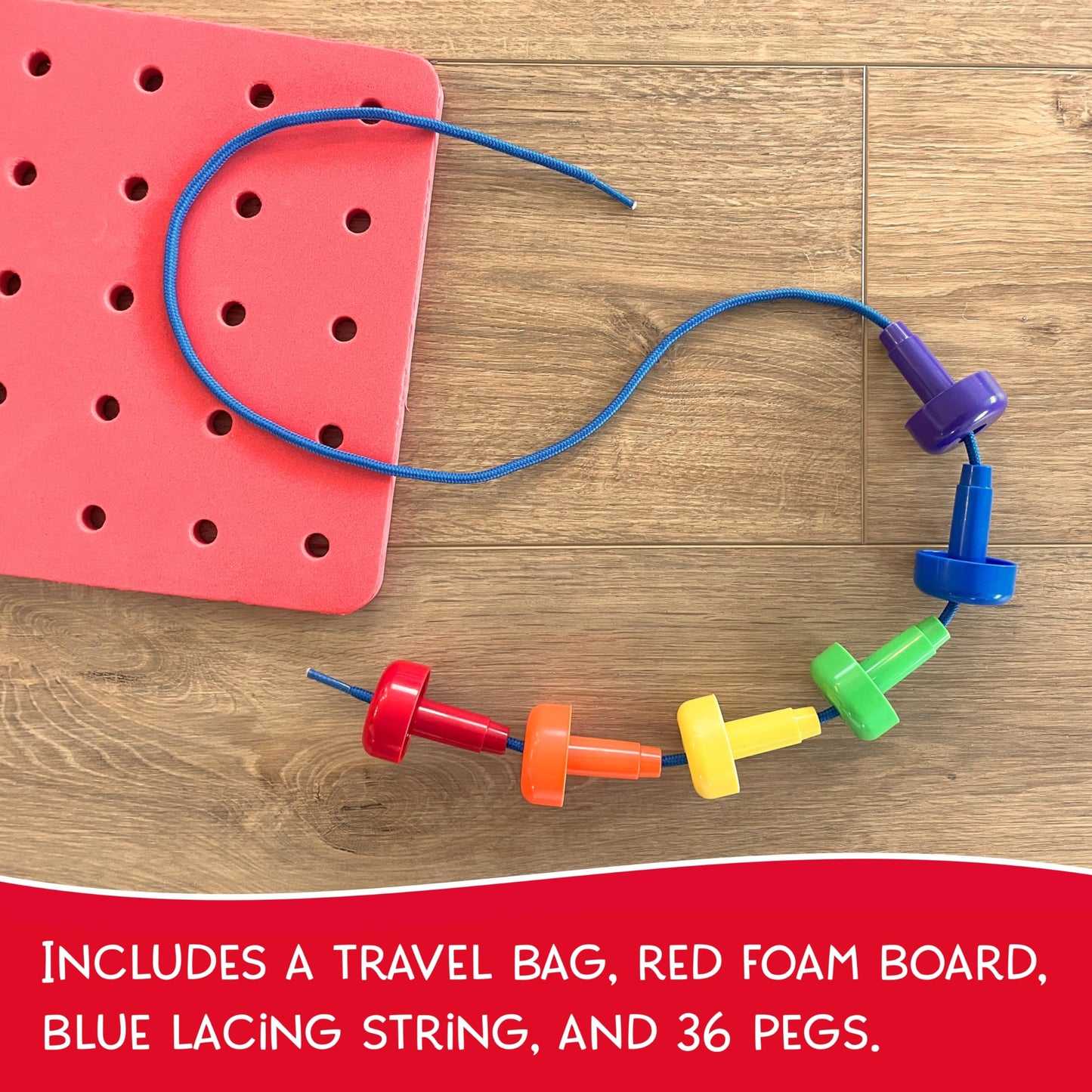 LMC Products Foam Peg Board Toy - 36 Pegs, Foam Board, Lacing String, Storage Bag - Occupational Therapy Toys - Fine Motor Skills Toys for Toddlers and Kids (Red)