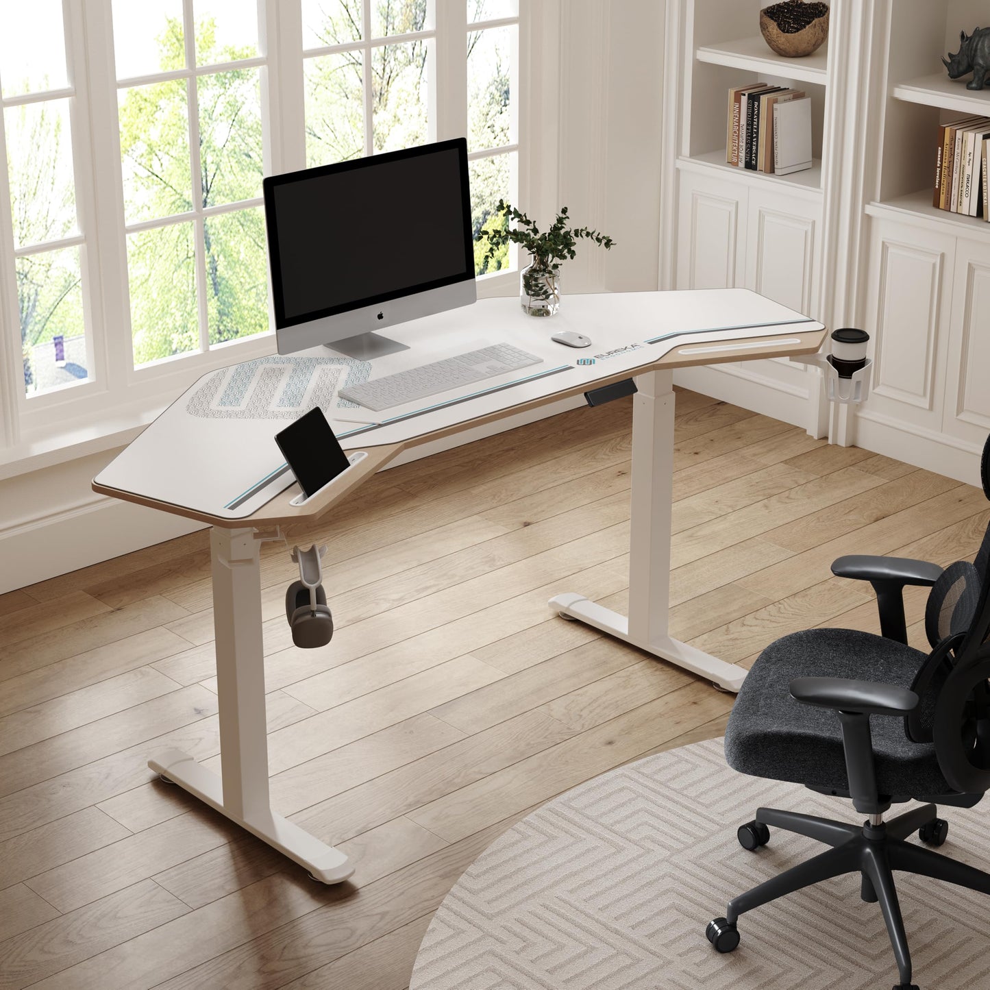 EUREKA ERGONOMIC Standing Desk, 72" Electric Adjustable Height Desk,Wing Shaped Computer Desk Large Music Studio Table, Dual Motor&Slot, Maple