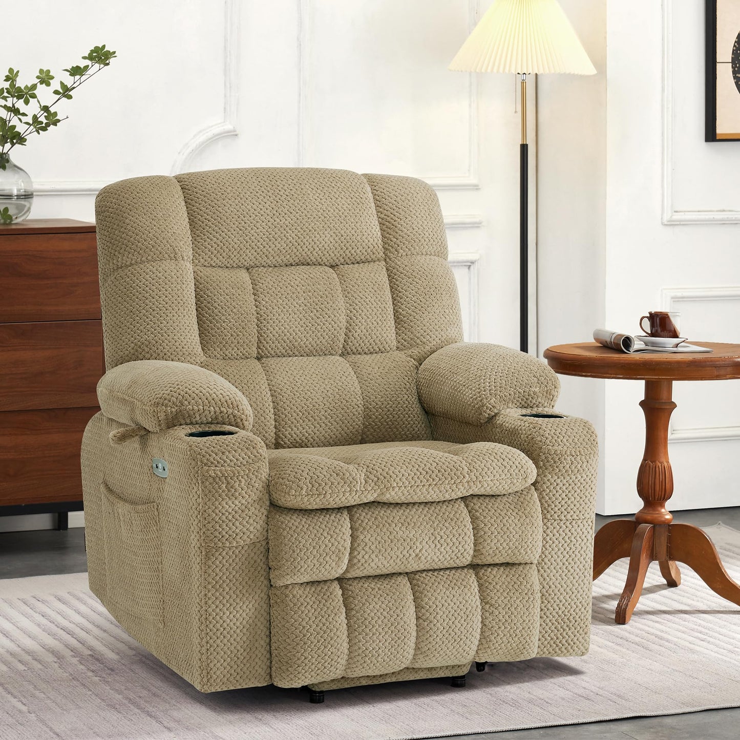 MCombo Dual Motor Power Lift Recliner Chair for Elderly, Lay Flat Lift Chair with Heat and Massage, Petite Lift Chair, Cup Holders, USB A&C Ports, Fabric 7893 (Small, Beige)