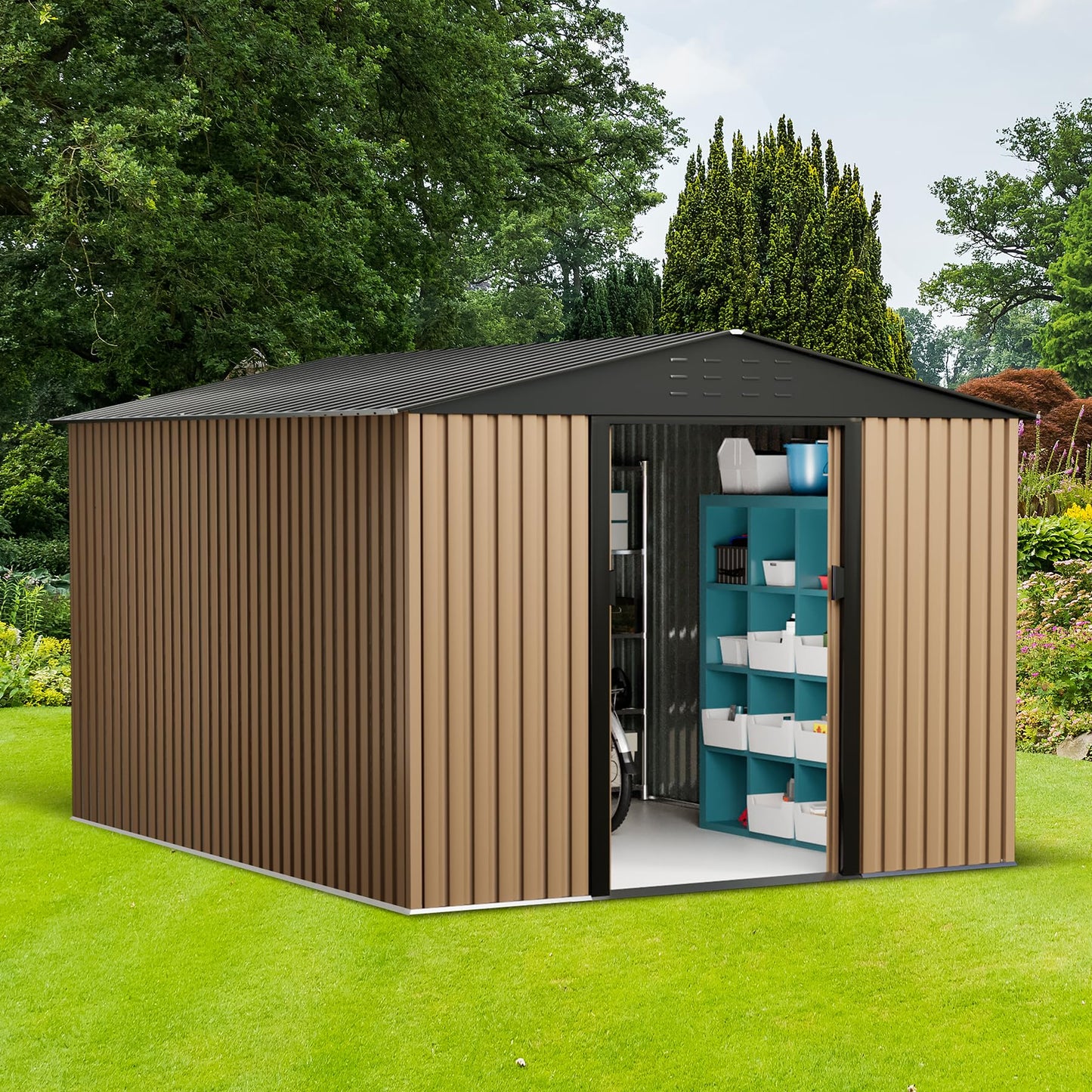 10FT x 8FT Metal Garden Shed, Outdoor Storage Shed, Metal Utility Tool Shed with Door Lock, Waterproof Roofs, for Backyard Garden Patio Lawn, Brown