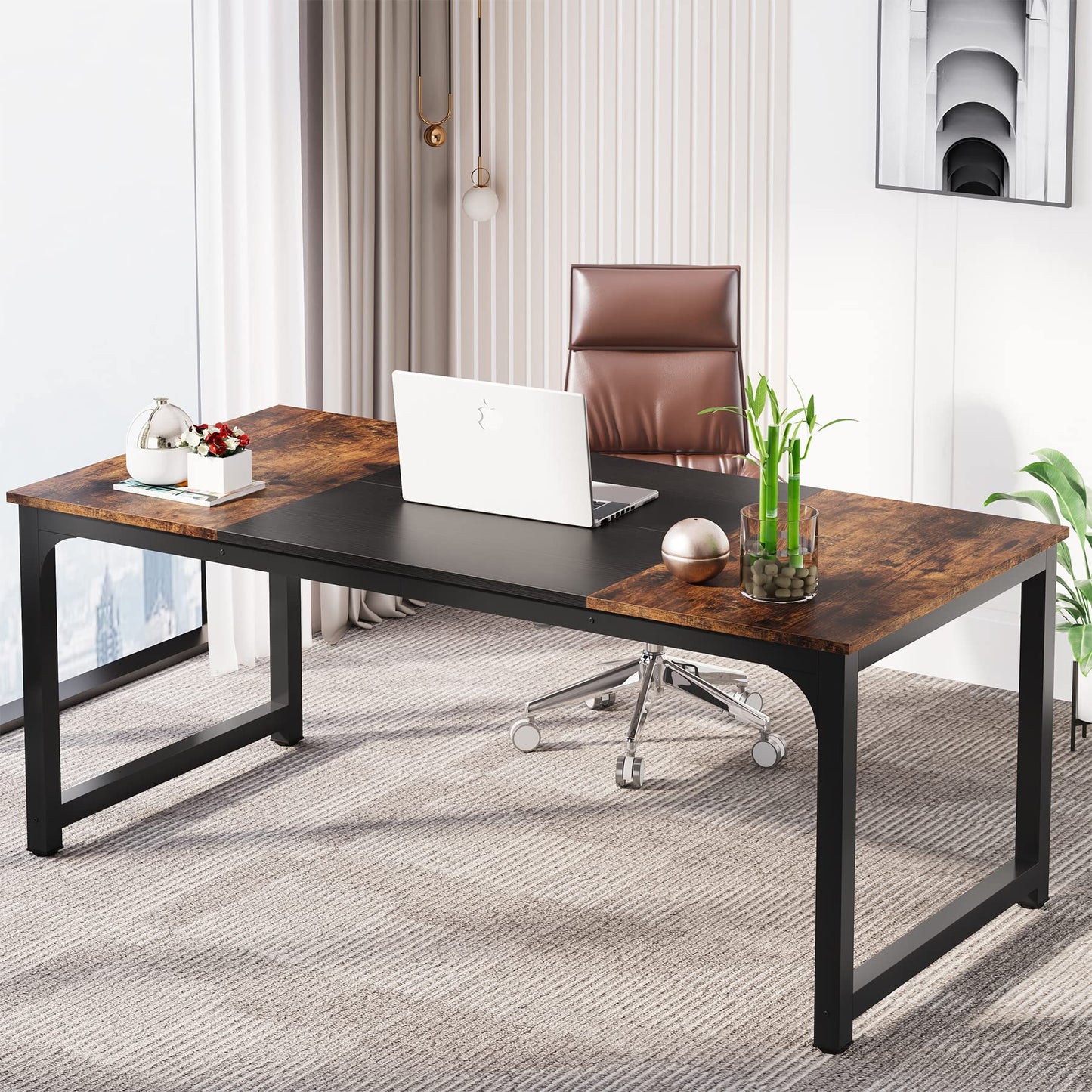 LITTLE TREE 70.8 Inch X-Large Executive Computer Office Desk, Brown+Black