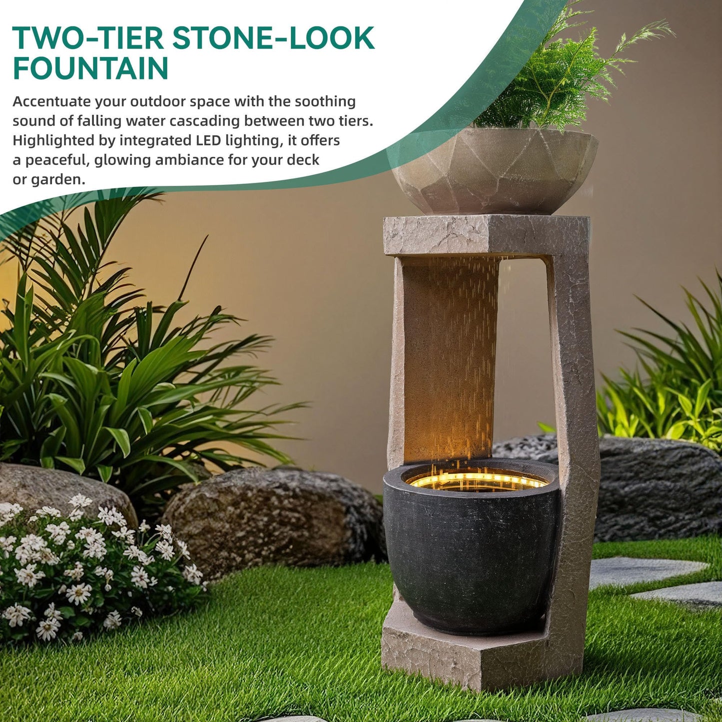 Ultym 32" Outdoor Fountain, Modern Geometric Two Bowls Water Feature with LED Lights, Resin Soothing Cascading Waterfall for Patio, Backyard, Garden or Porch